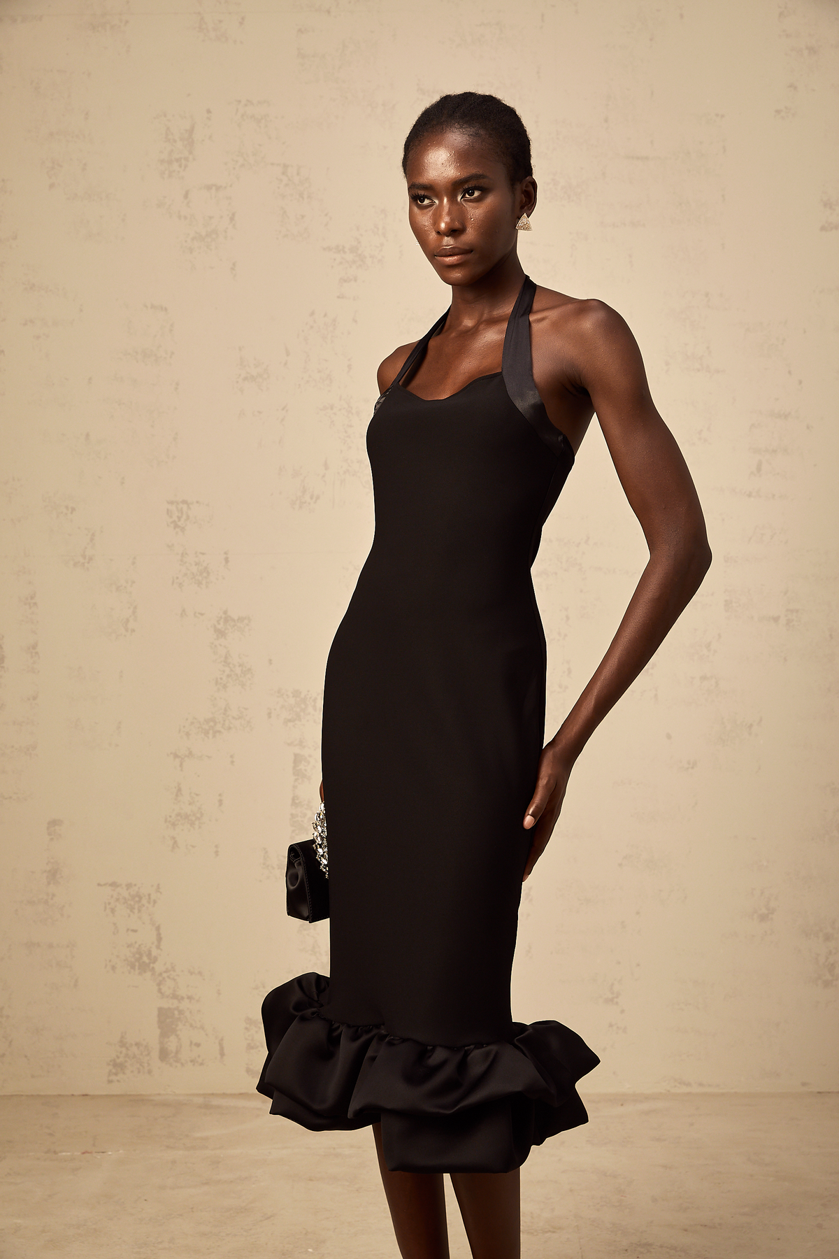 Alizée black halterneck bubble-hem midi dress