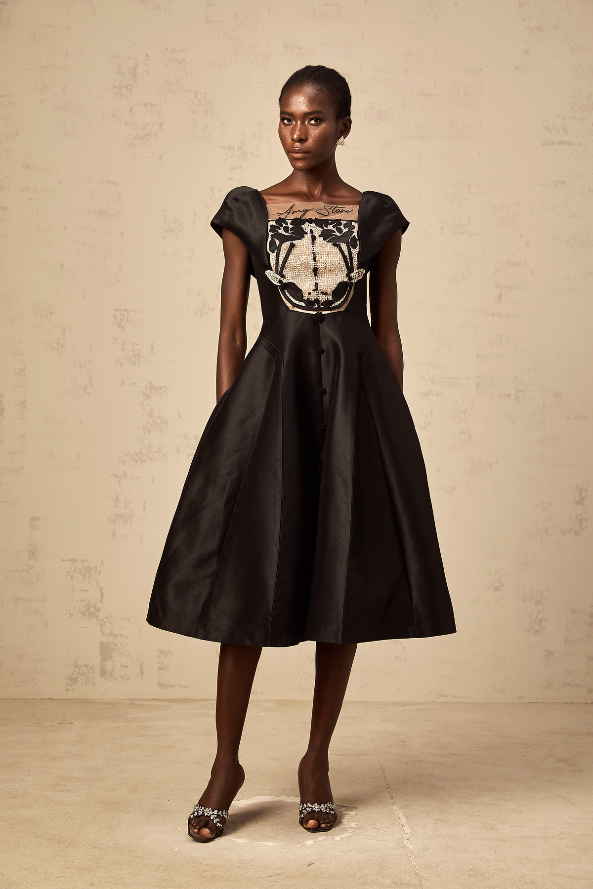 Ulrique black floral-appliqué satin midi dress