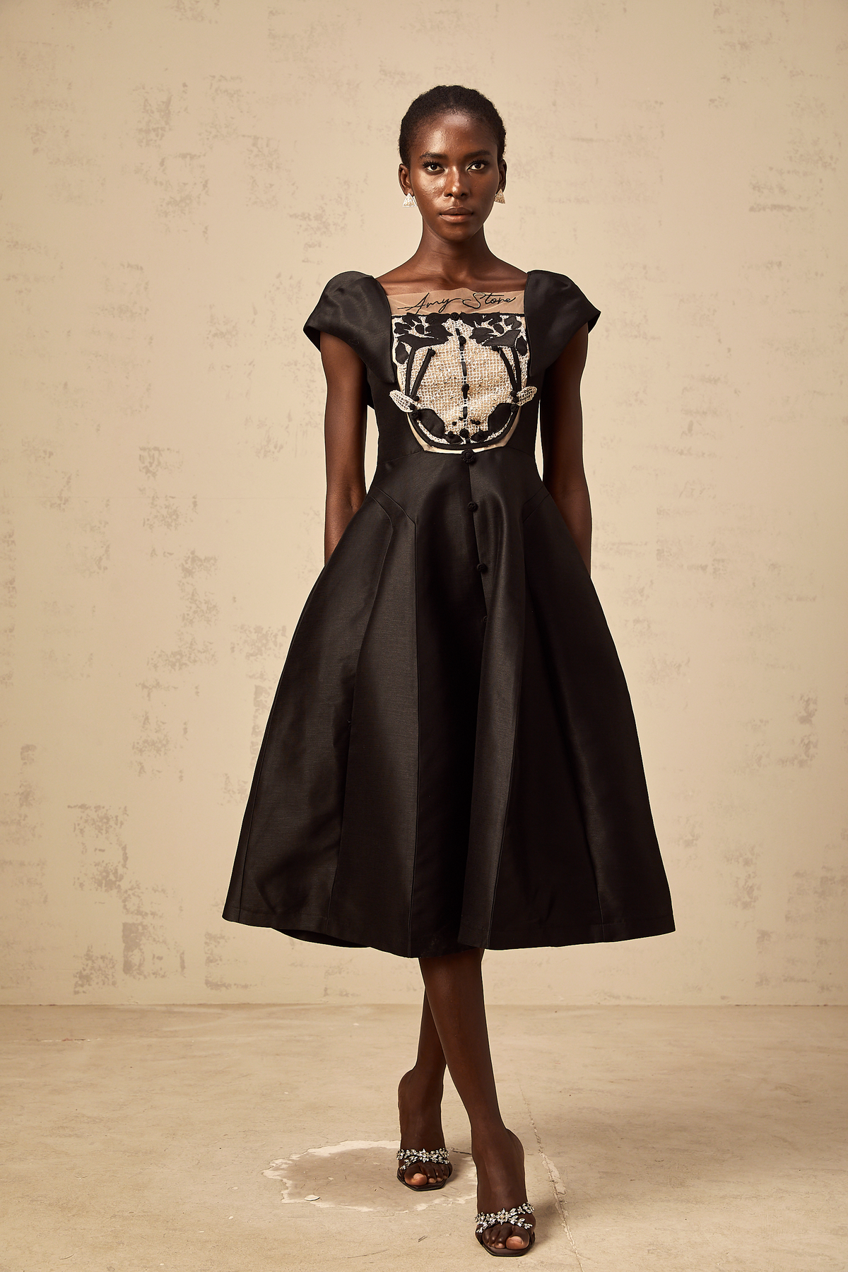 Ulrique black floral-appliqué satin midi dress