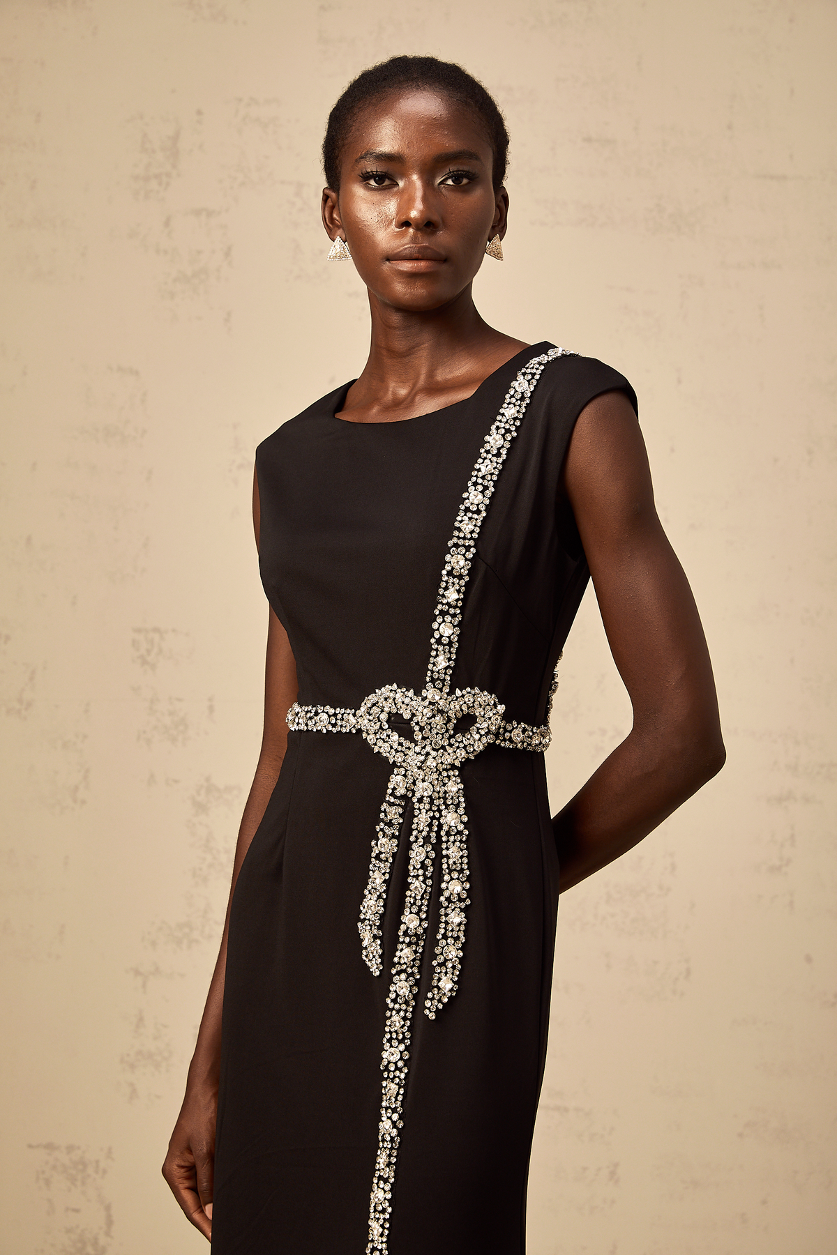 Paloma black bow embellished mermaid midi dress