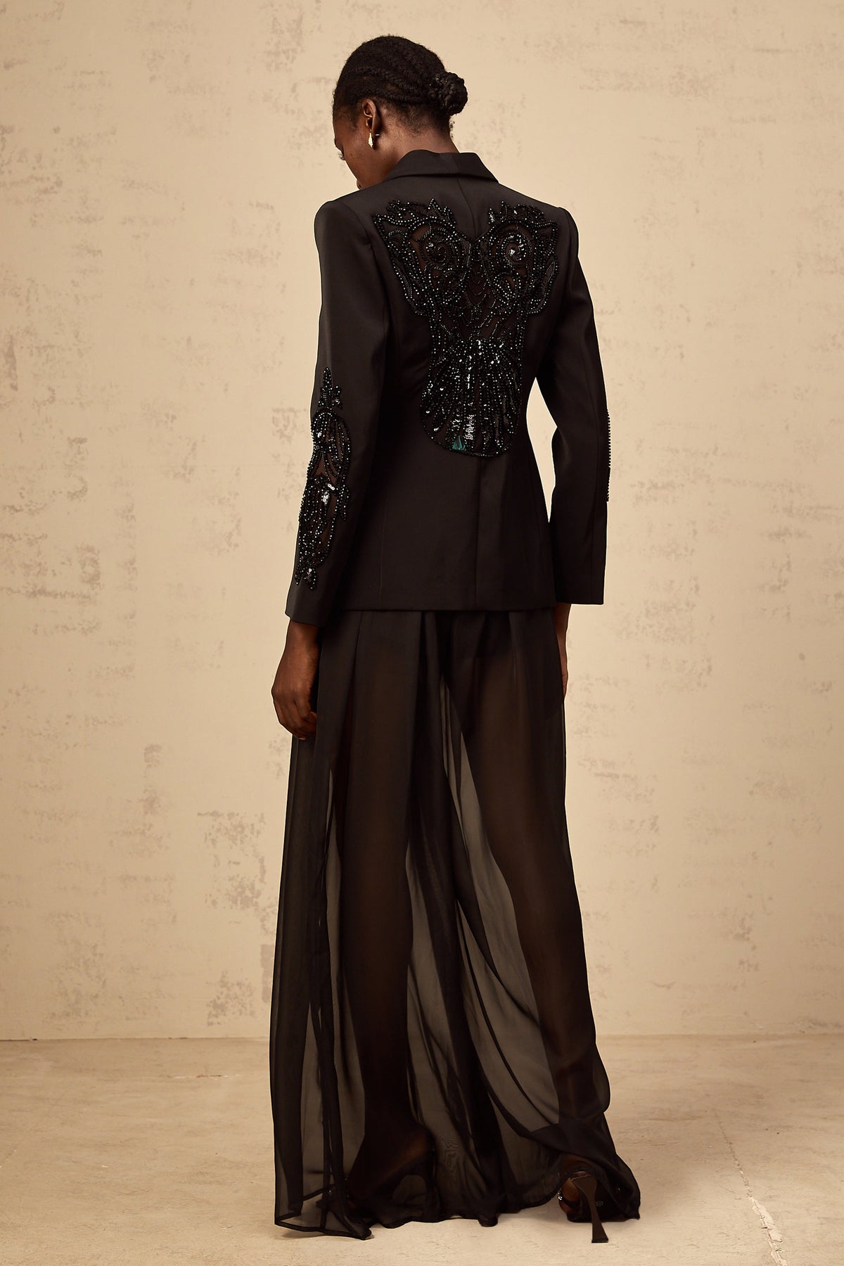 Sabine black embellished tulle-panel blazer & trousers matching set
