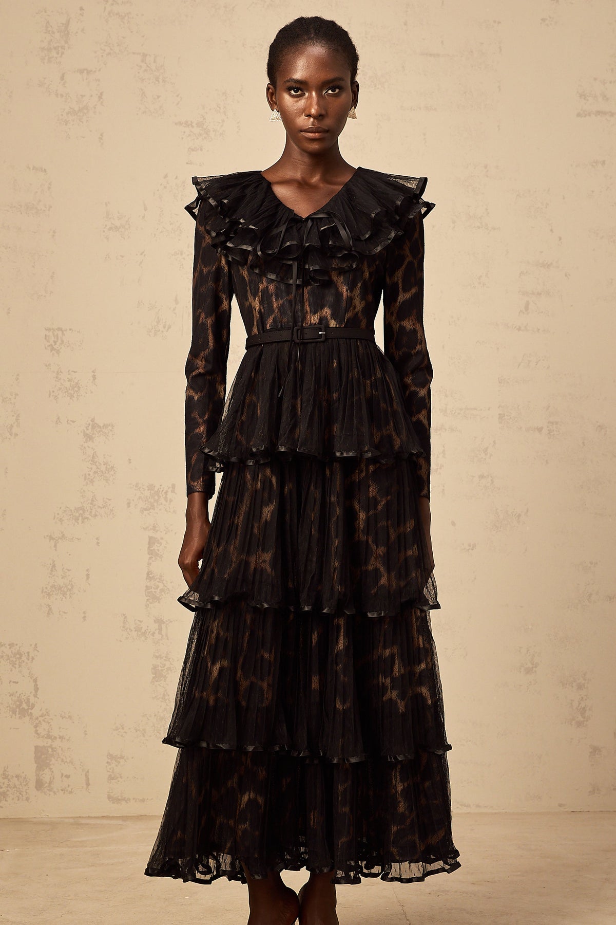 Mélodie black leopard-print tiered flounce midi dress