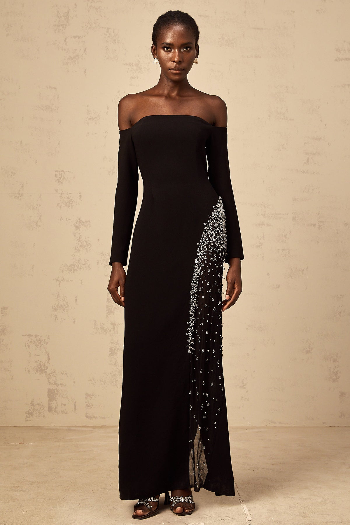 Hyacinthe black mesh-panel embellished maxi dress