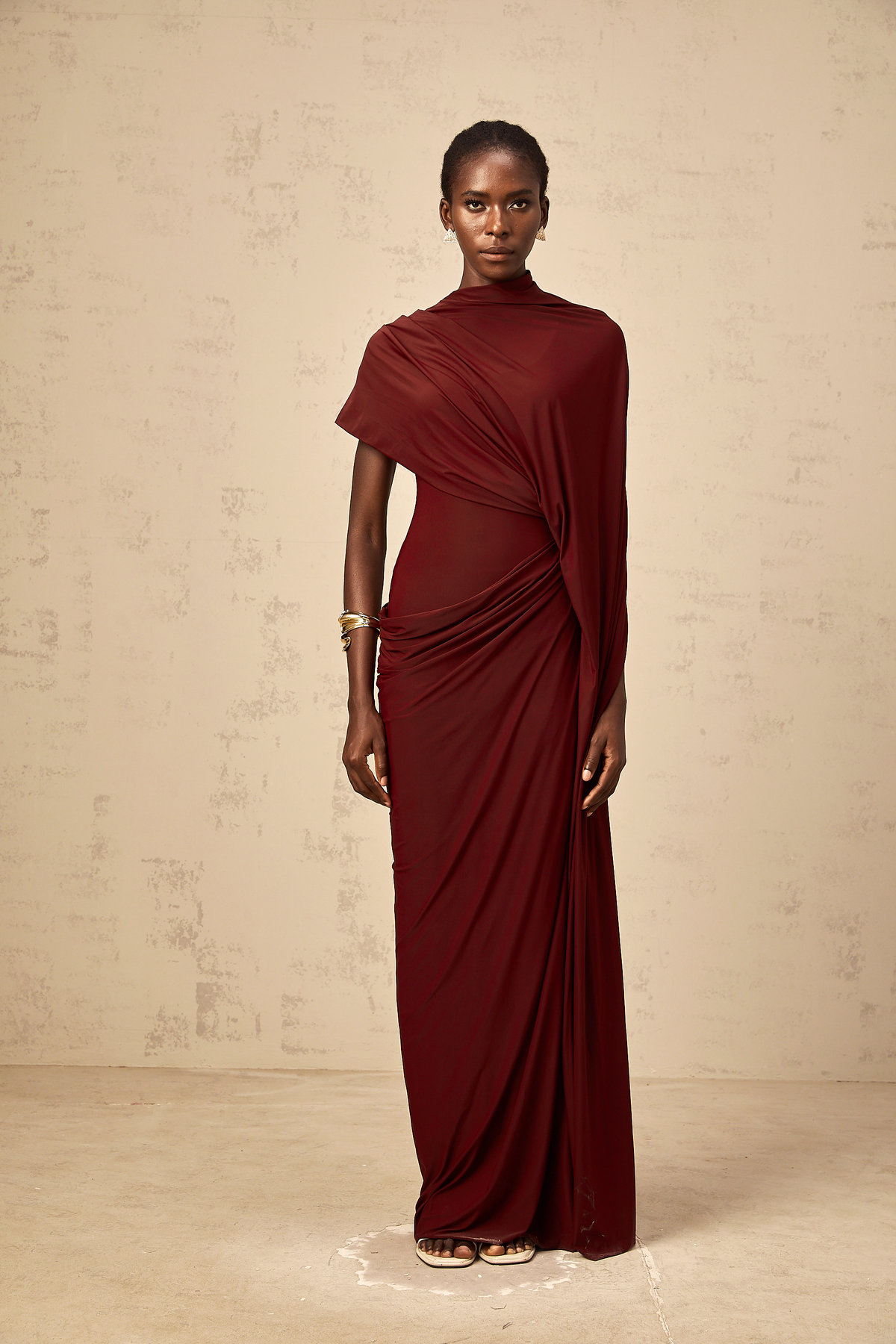 Priscille asymmetrical draped cape & dress matching set in Burgundy