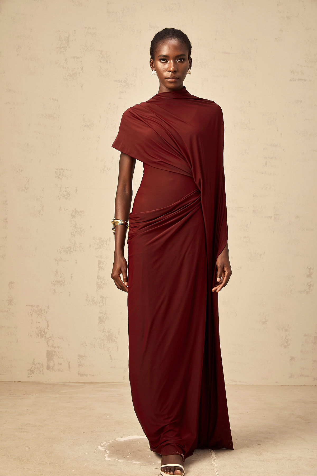 Priscille asymmetrical draped cape & dress matching set in Burgundy