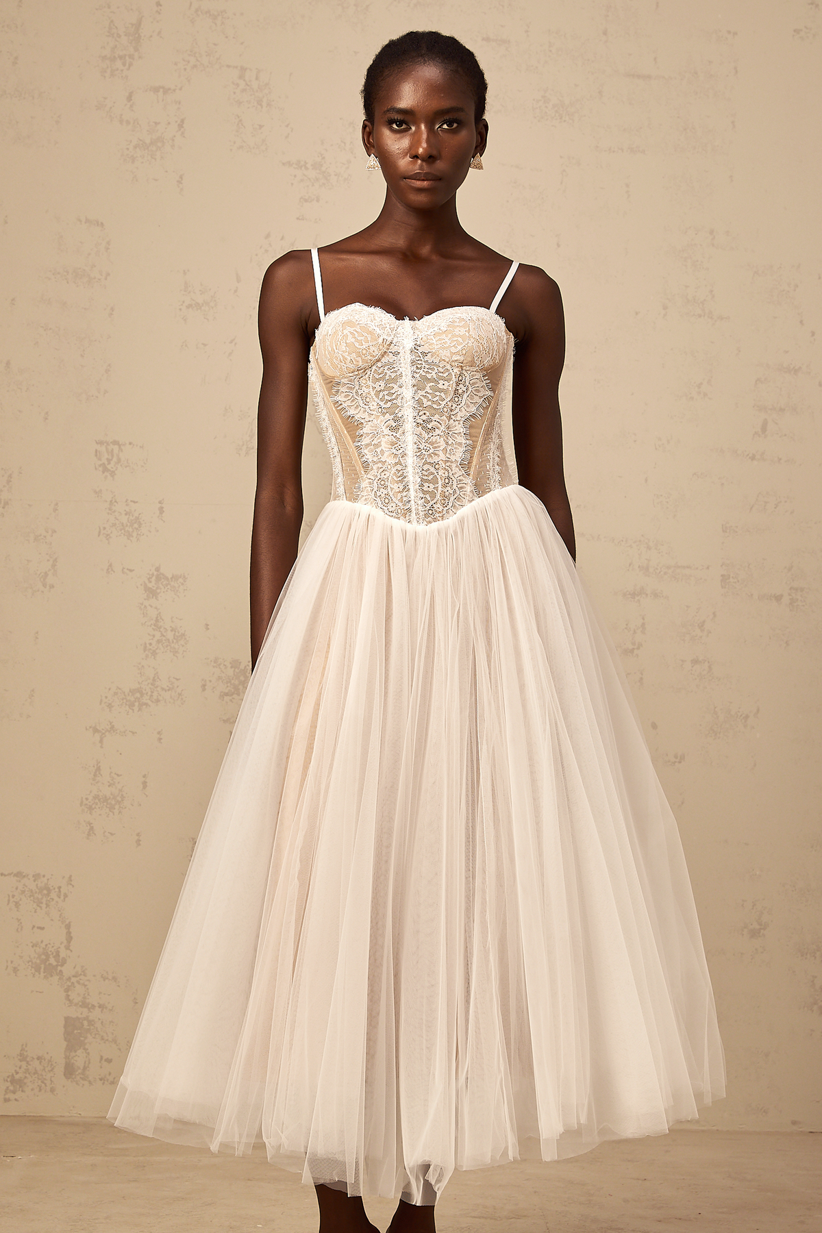 Nolwenn white lace bustier tulle midi dress