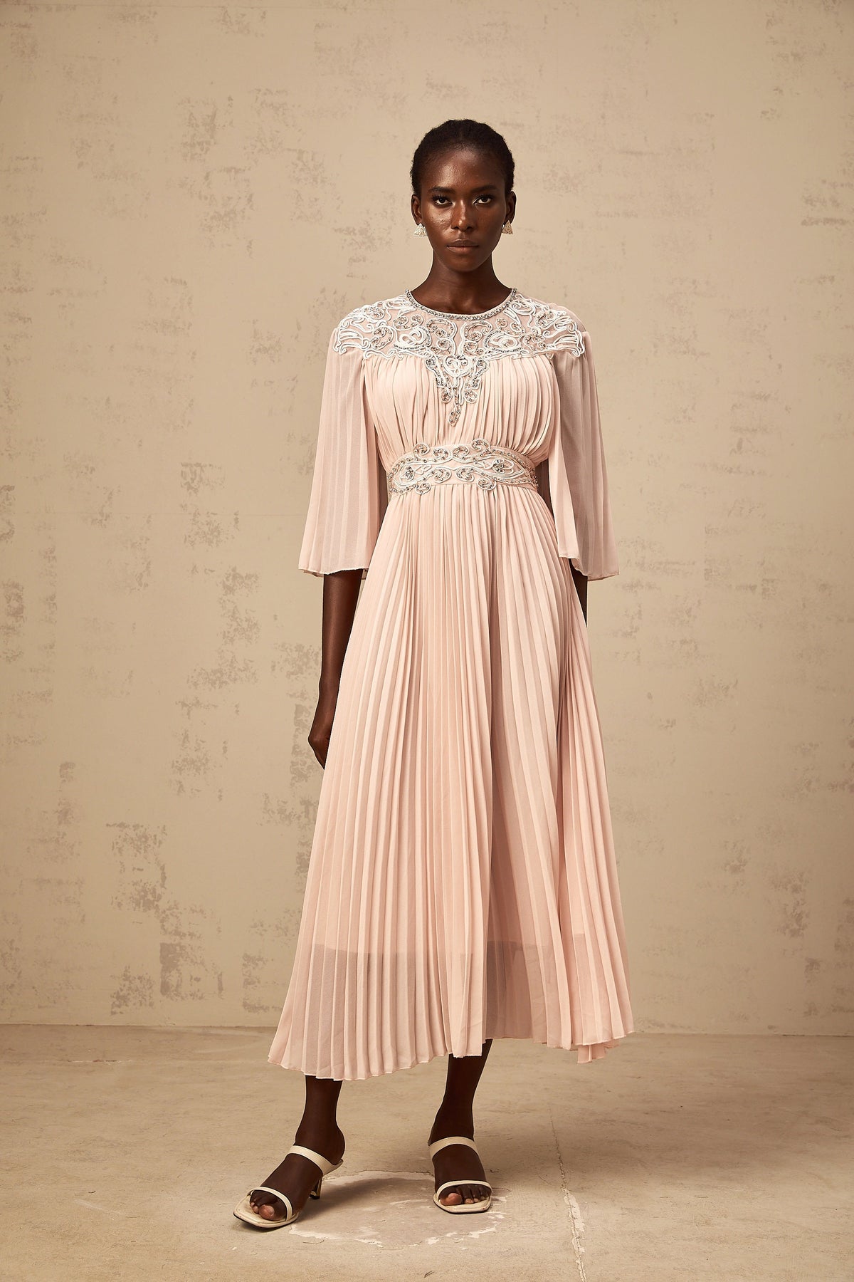 Théa pink crystal full-pleat midi dress
