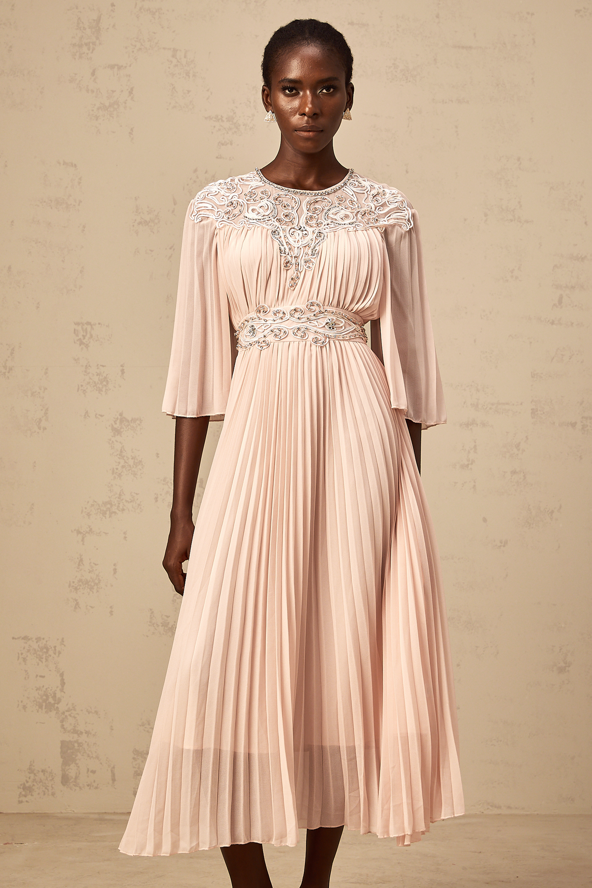 Théa pink crystal full-pleat midi dress