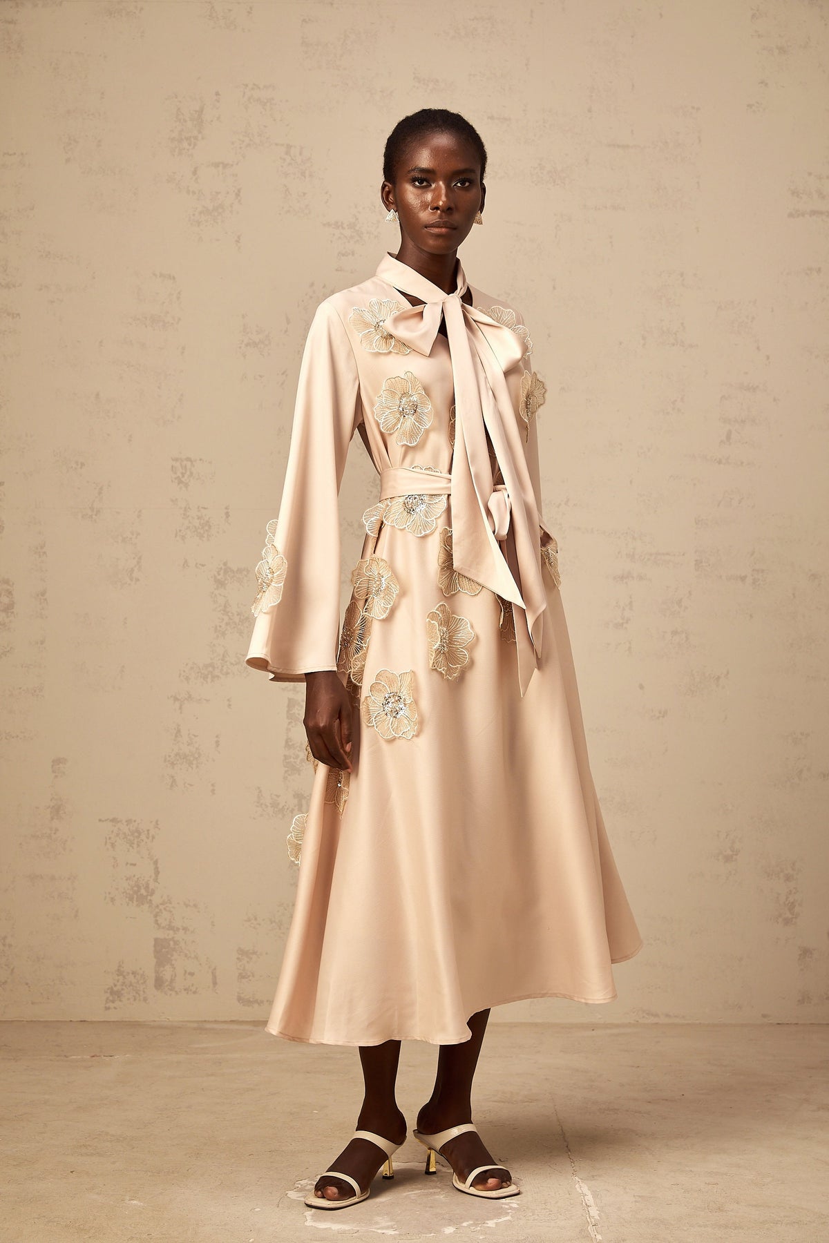 Orane tied floral-applique flared midi dress in Neutrals
