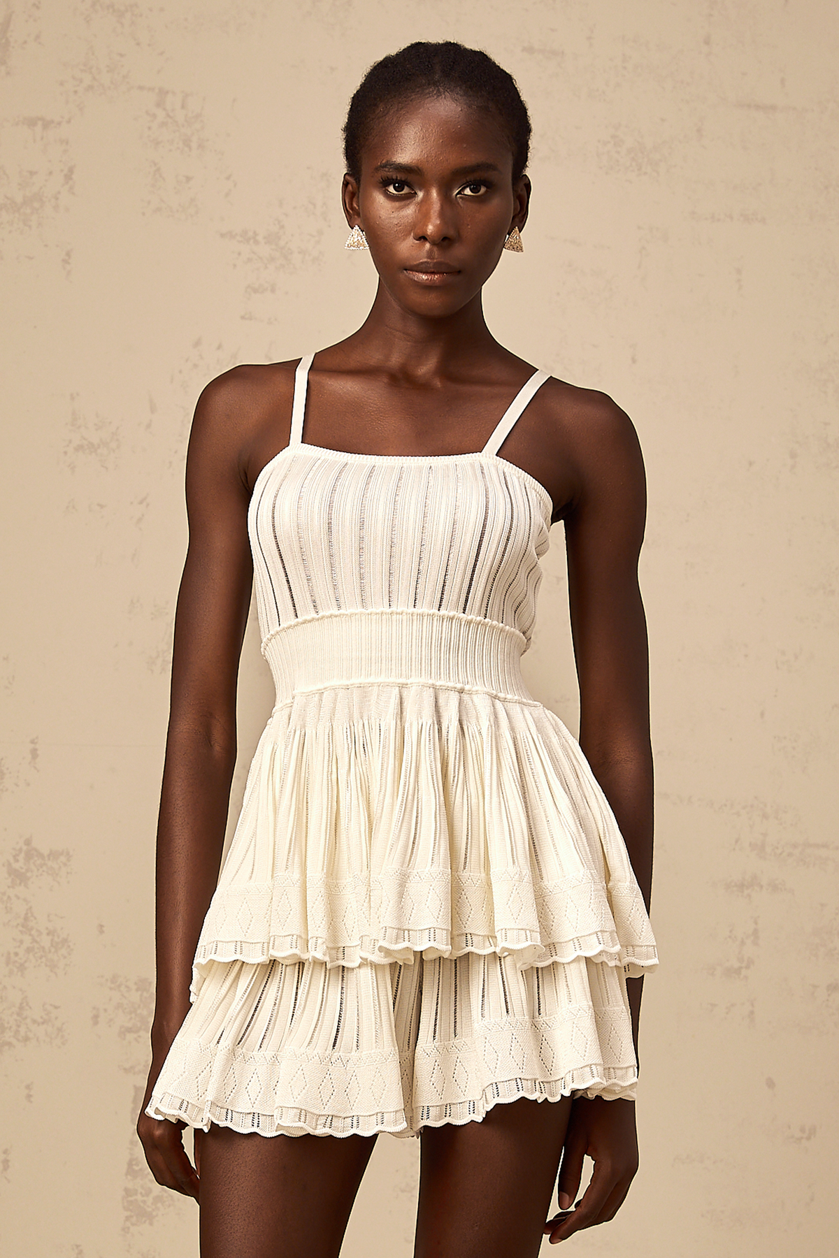 Oriane cream-white shirred crochet-knit top & culottes matching set