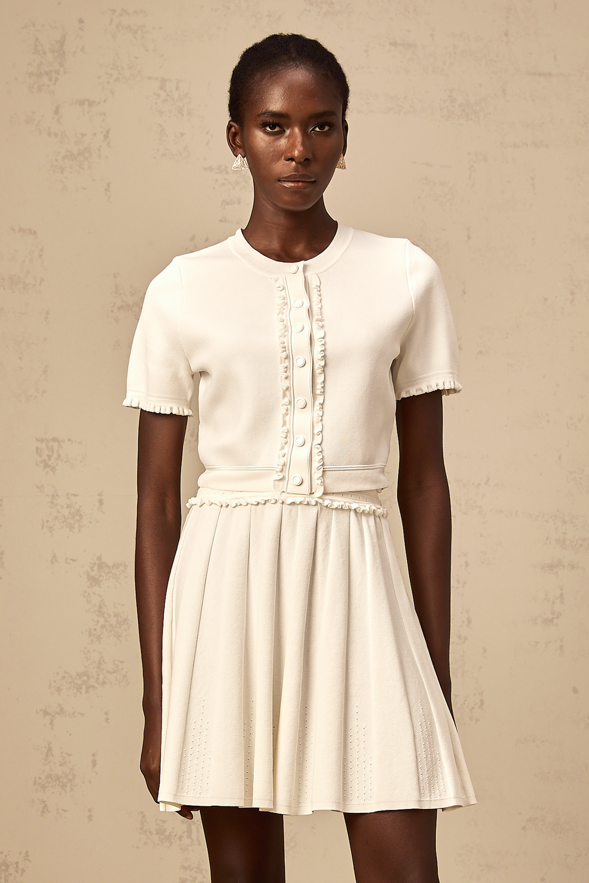 Zelda white ruffled-trim knit top & skirt matching set