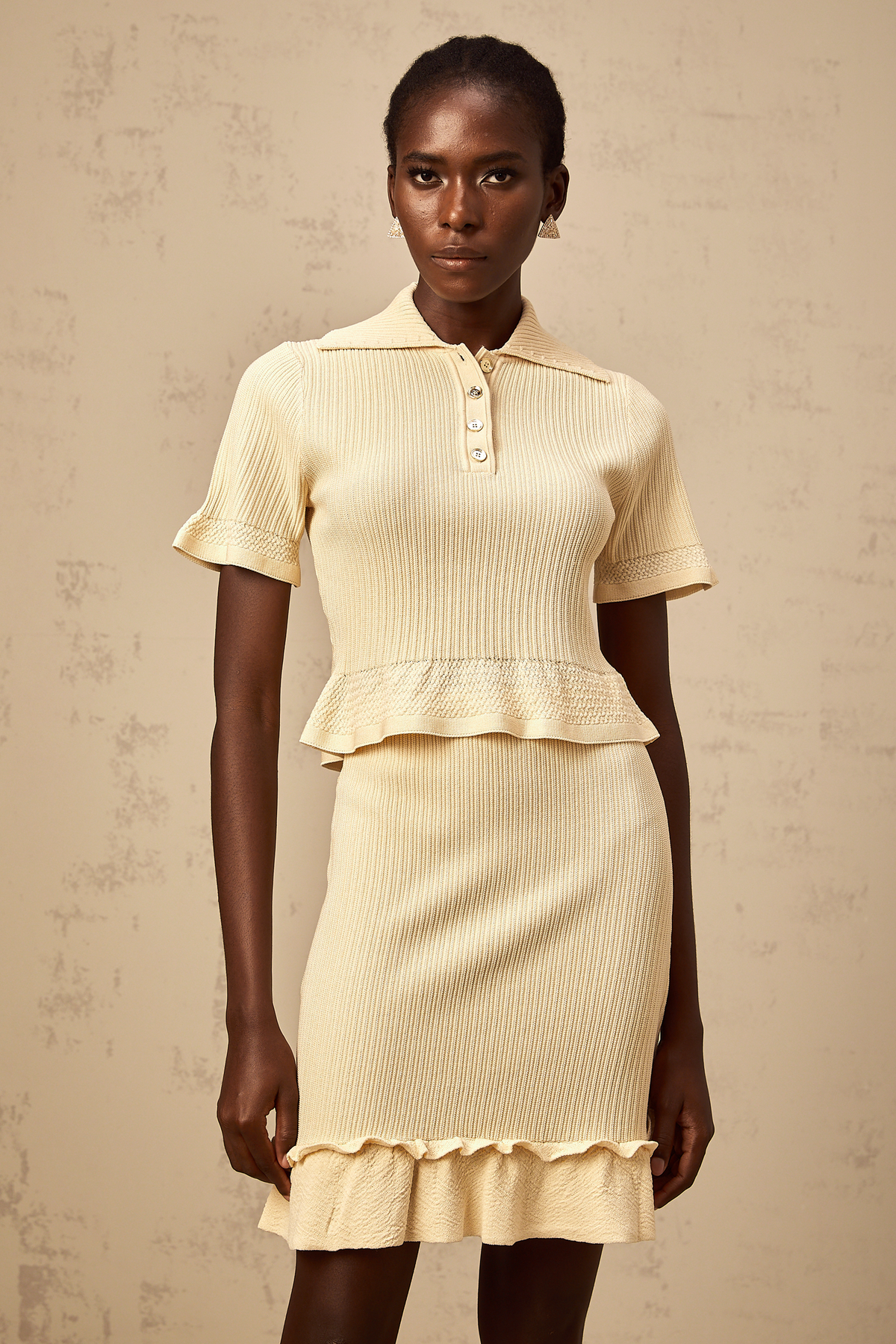 Reine yellow ruffled ribbed-knit top & skirt matching set