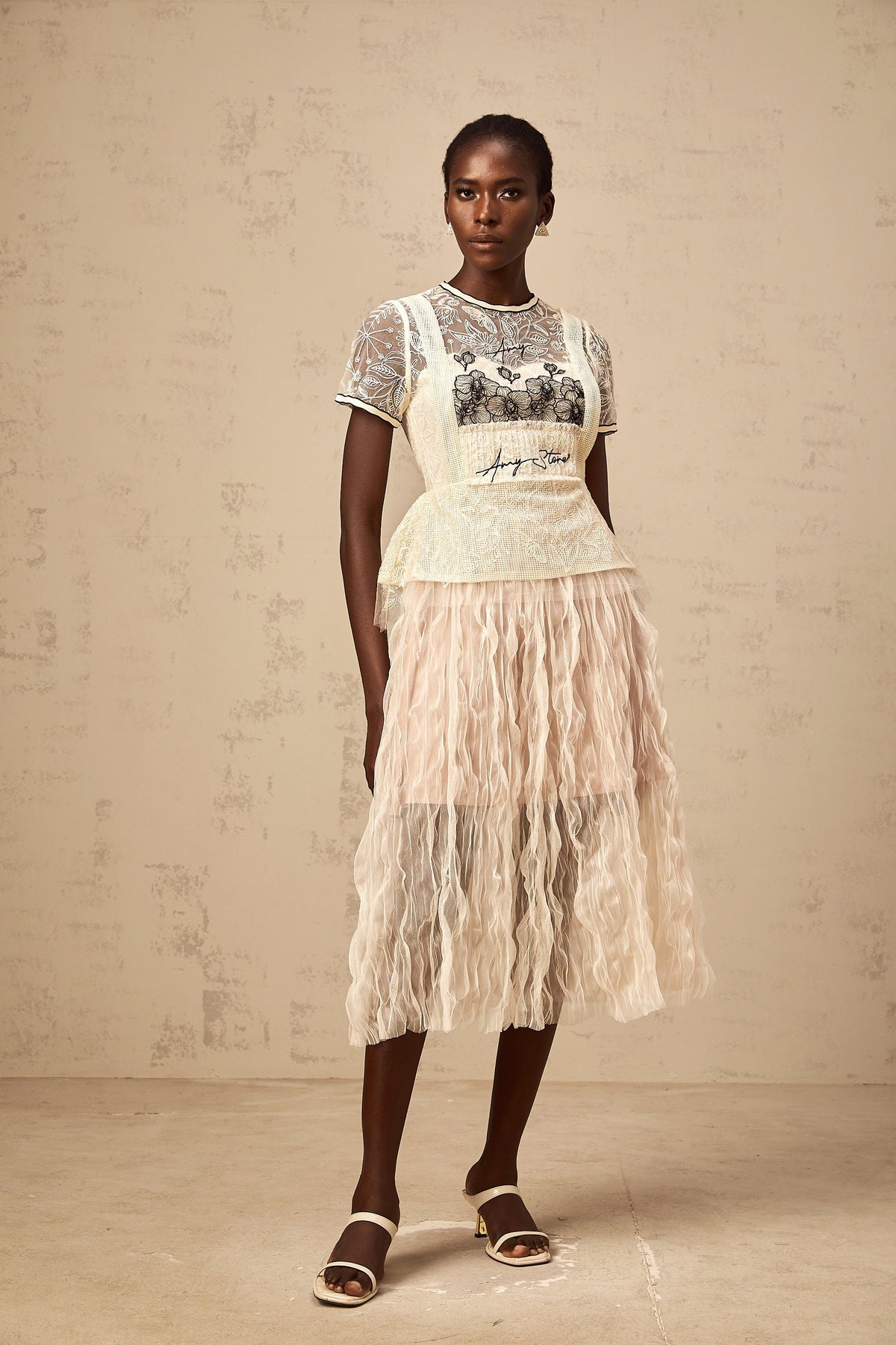 Sandrine beige embroidered tulle midi dress