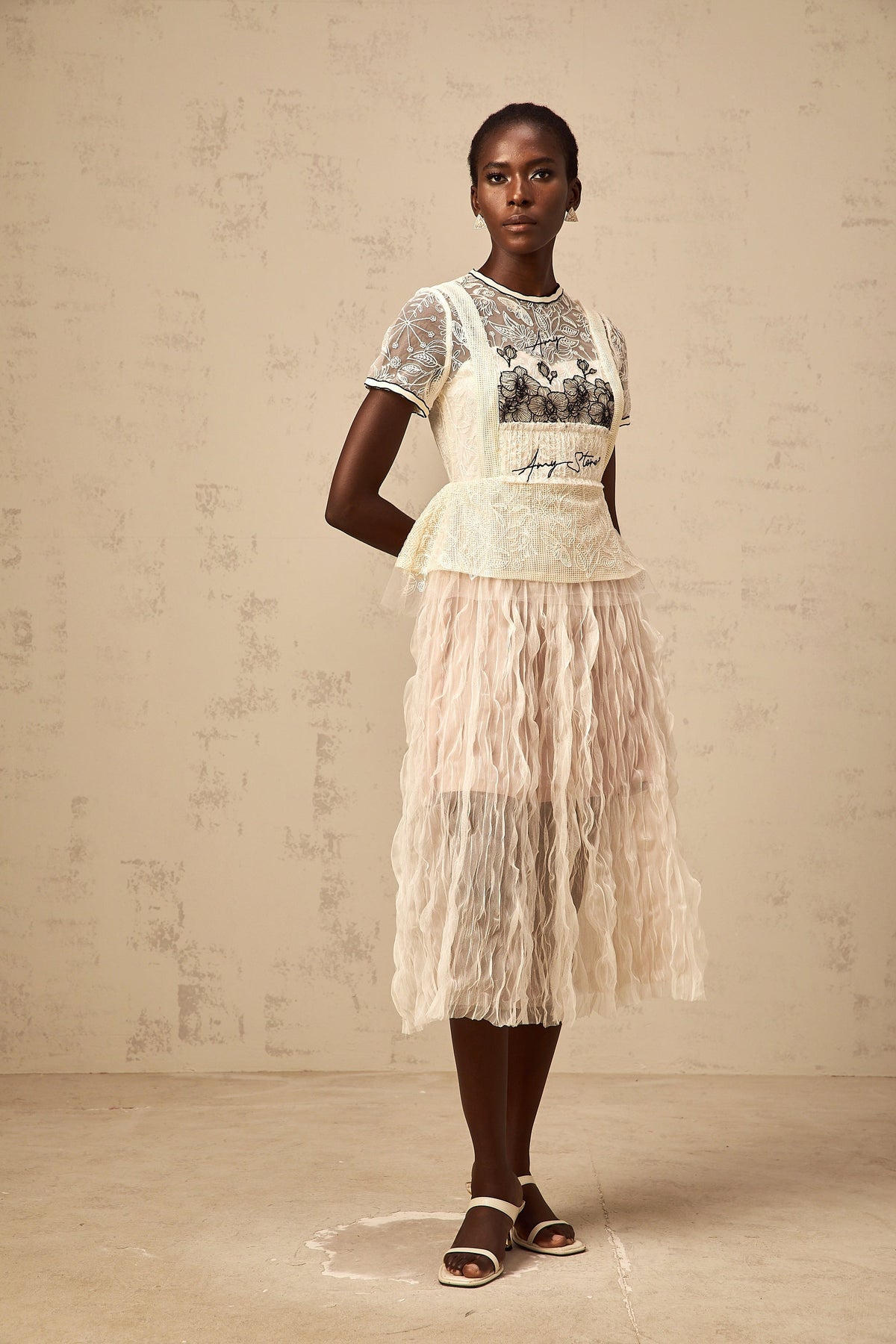 Sandrine beige embroidered tulle midi dress