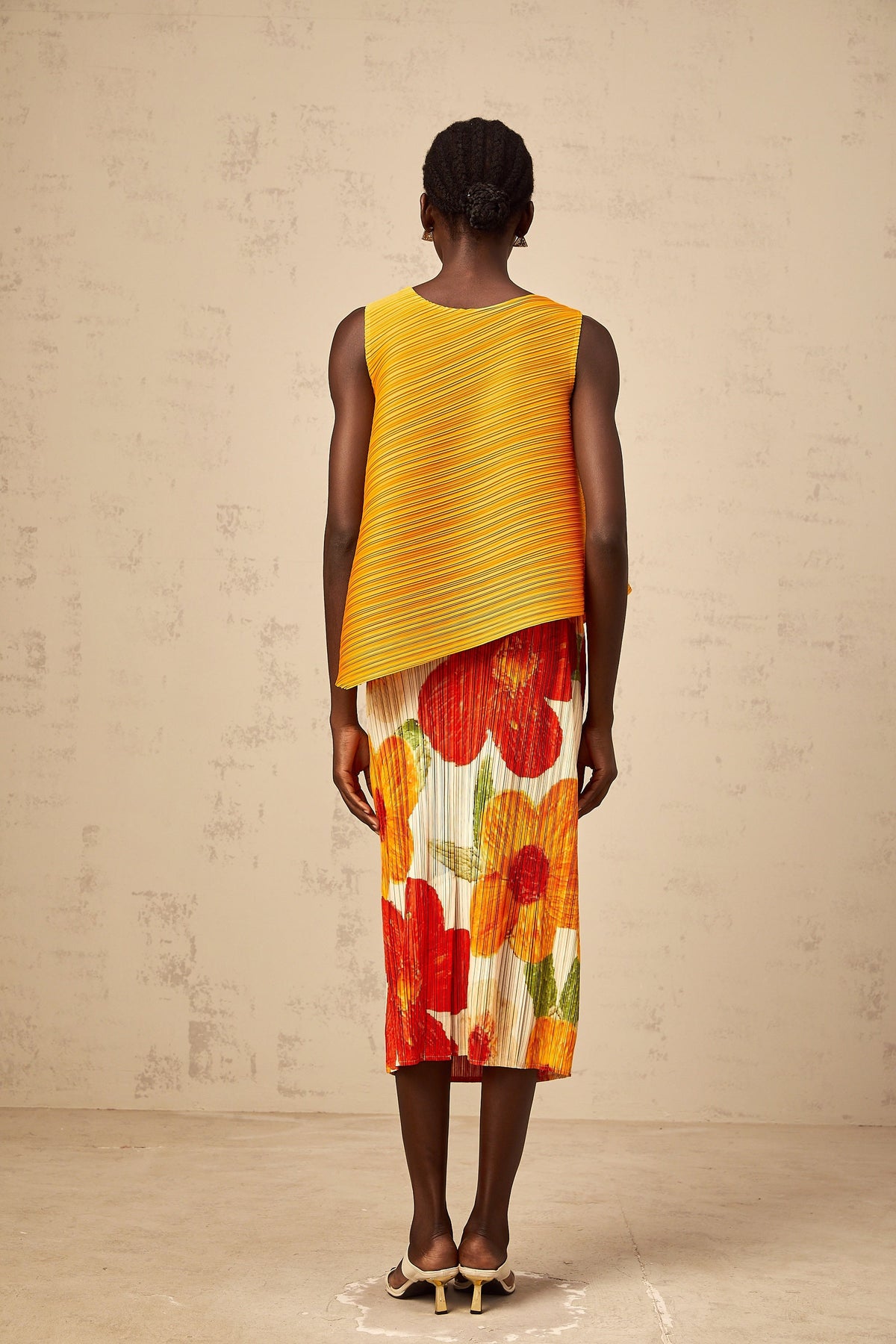 Zazie amber-orange crinkled-finish top & skirt matching set