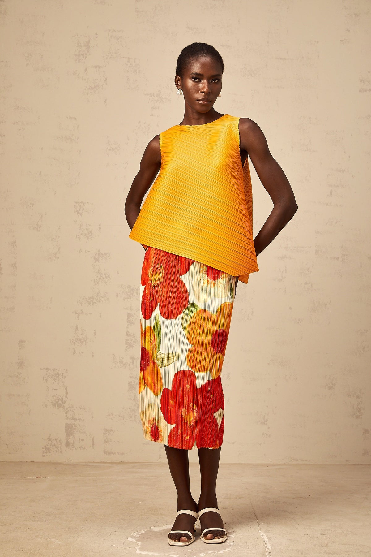 Zazie amber-orange crinkled-finish top & skirt matching set