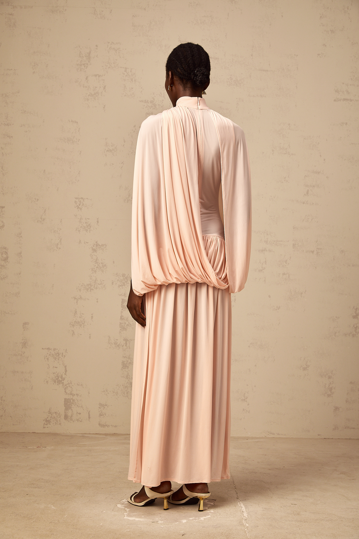Sacha pink cape-design asymmetrical maxi dress