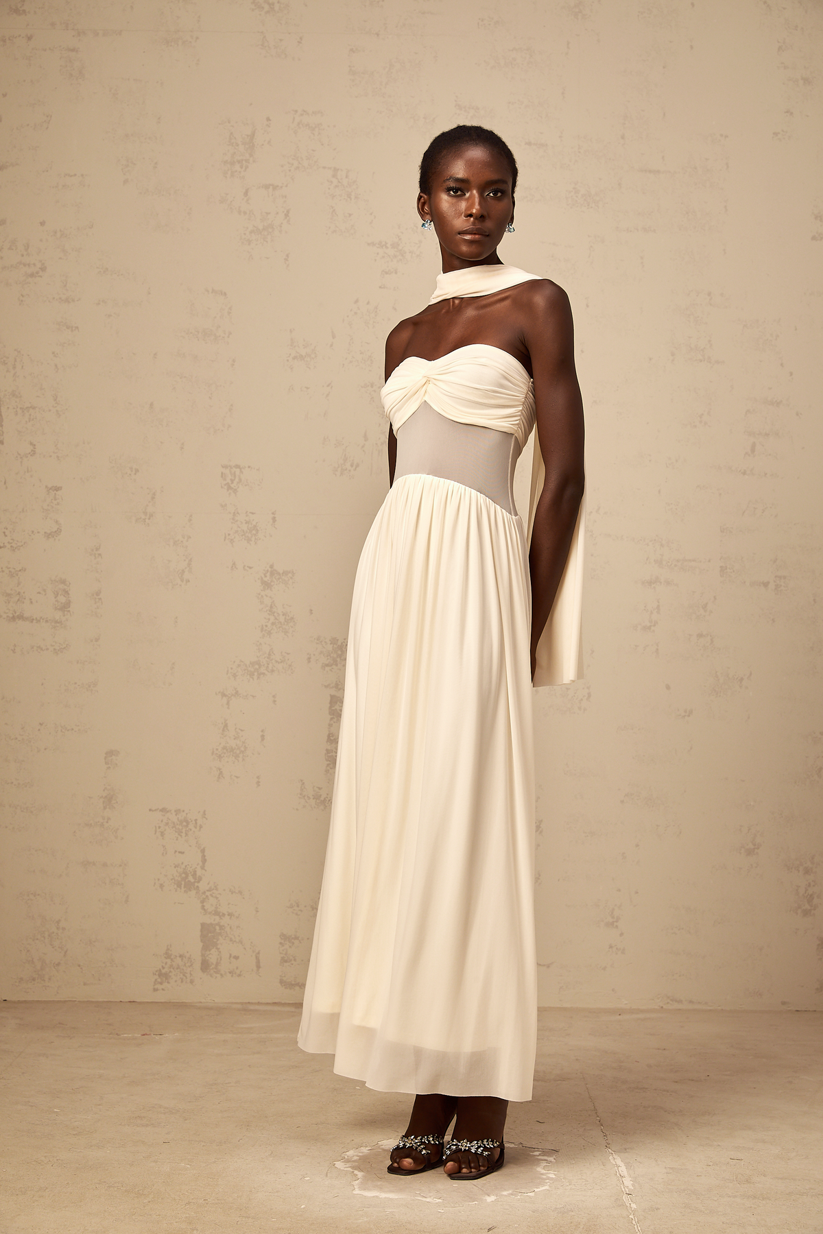 Héloïse neutrals scarf-design mesh midi dress