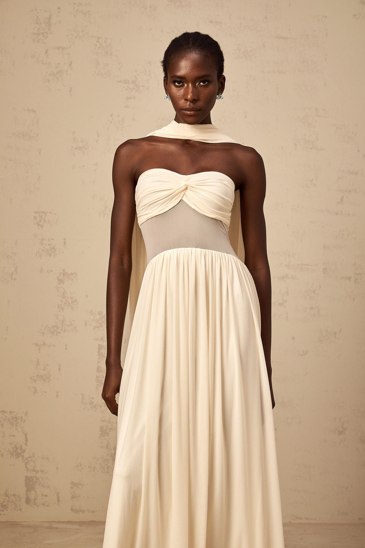 Héloïse neutrals scarf-design mesh midi dress