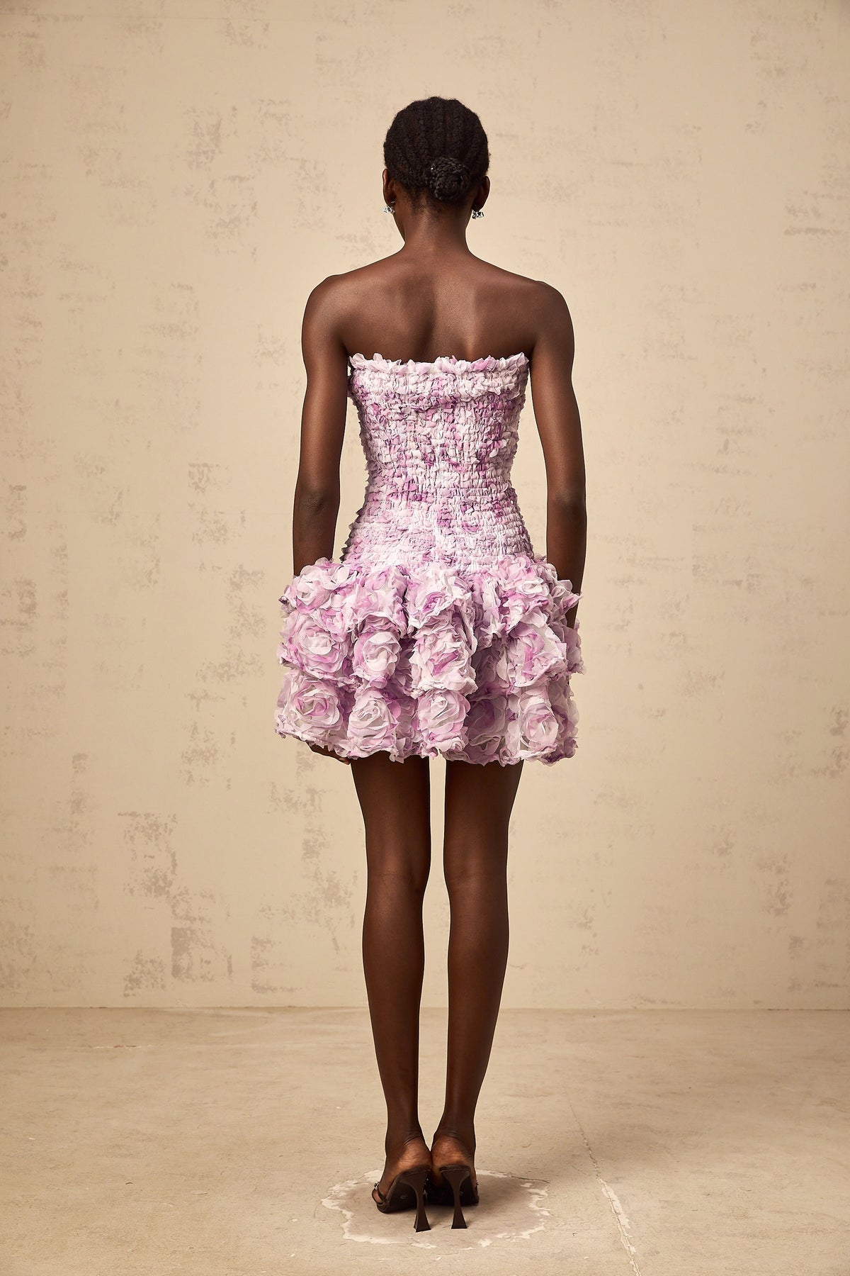Mylène purple 3D-petal tiered tulle mini dress
