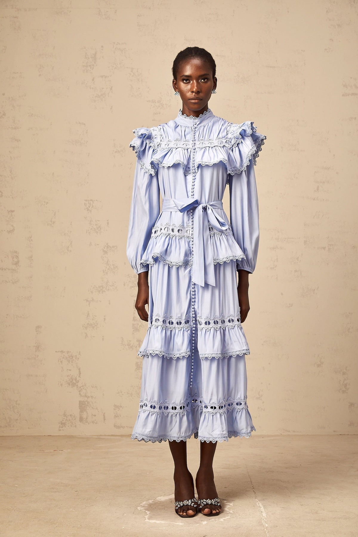 Véronique blue lace-trim tiered midi dress
