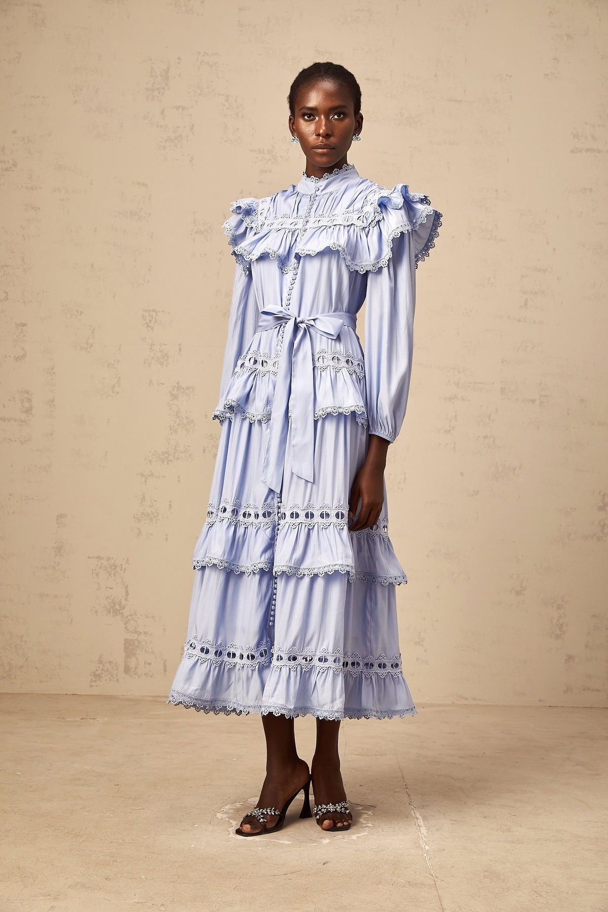 Véronique blue lace-trim tiered midi dress