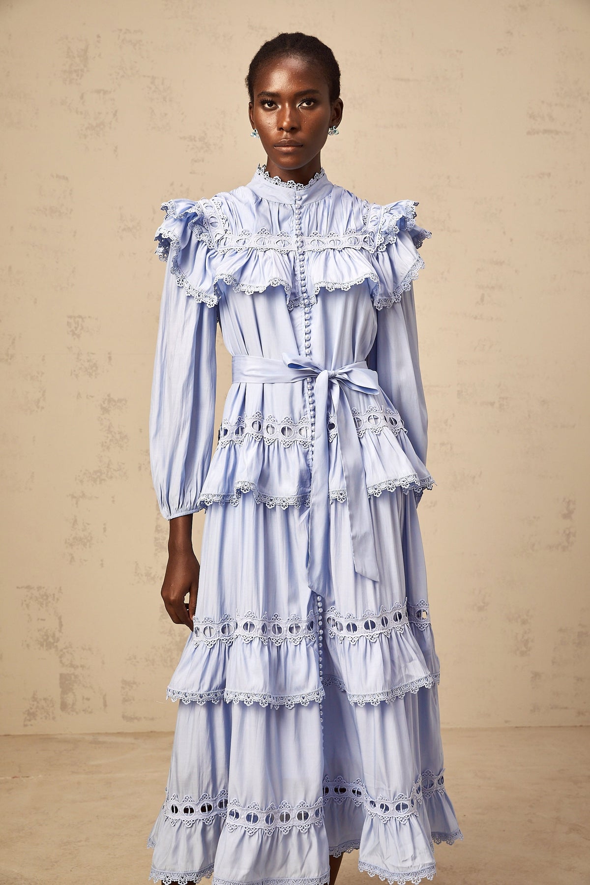 Véronique blue lace-trim tiered midi dress