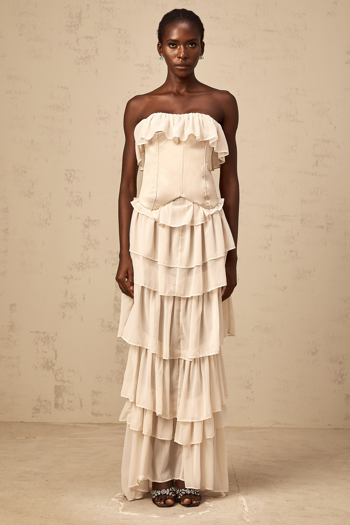 Airelle beige off-shoulder tiered corset & dress matching set