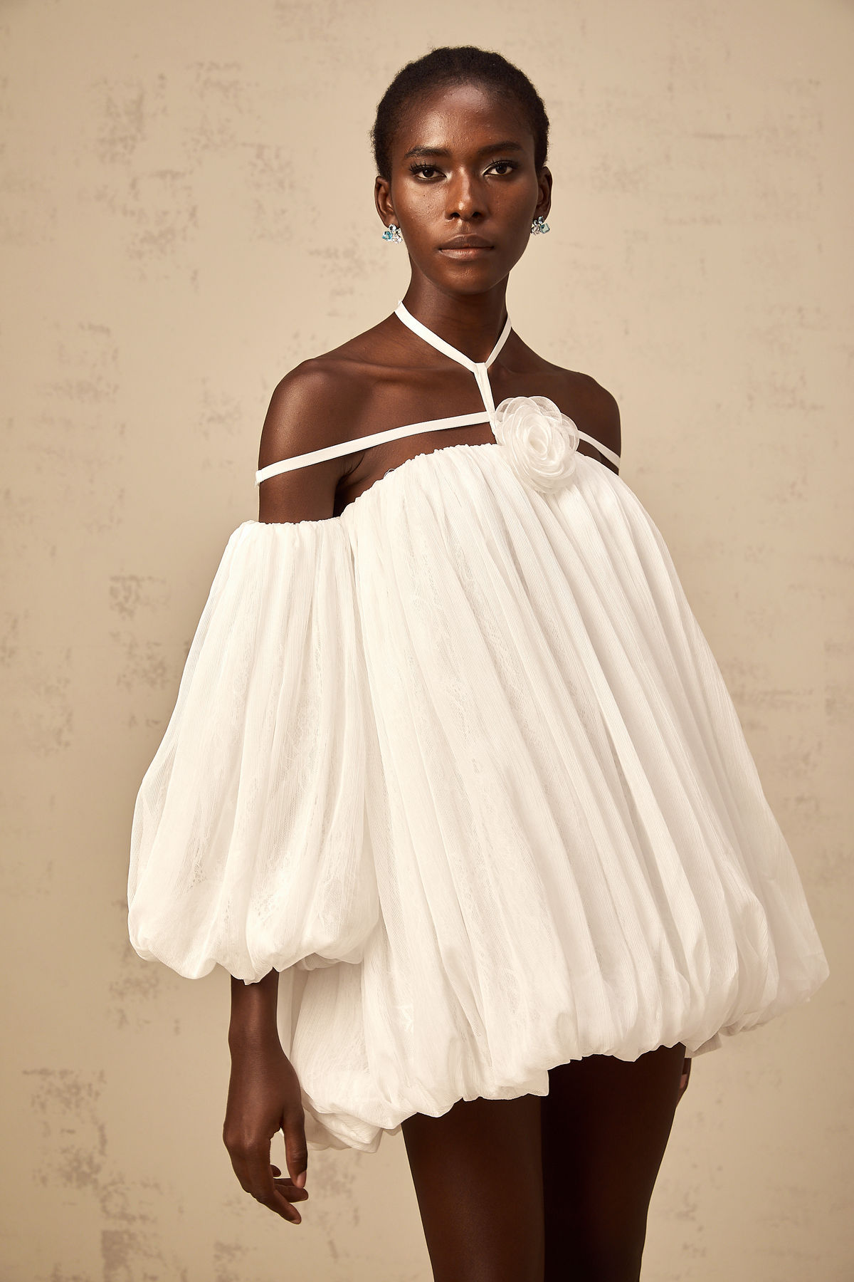 Hortense white floral-appliqué pleated tulle mini dress
