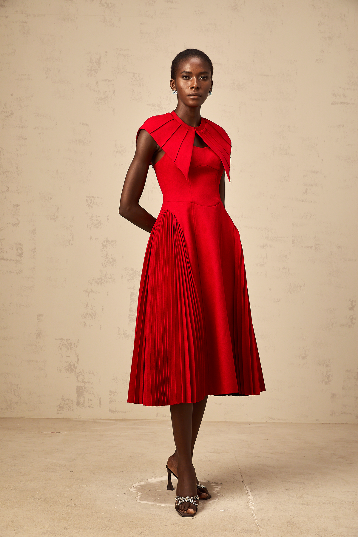 Amaryllis red cape-design pleated midi dress