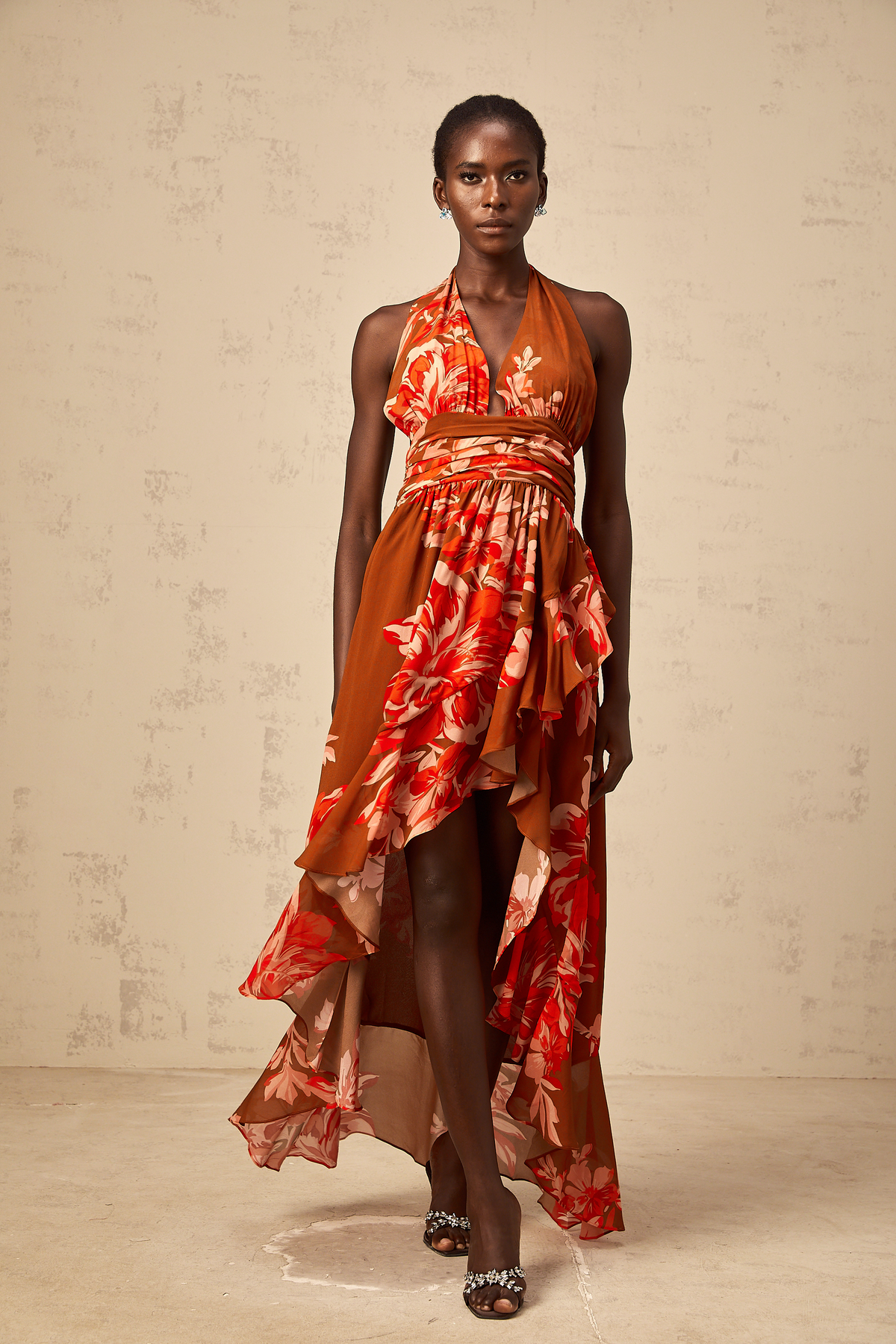 Angélique brown floral-print asymmetrical maxi dress