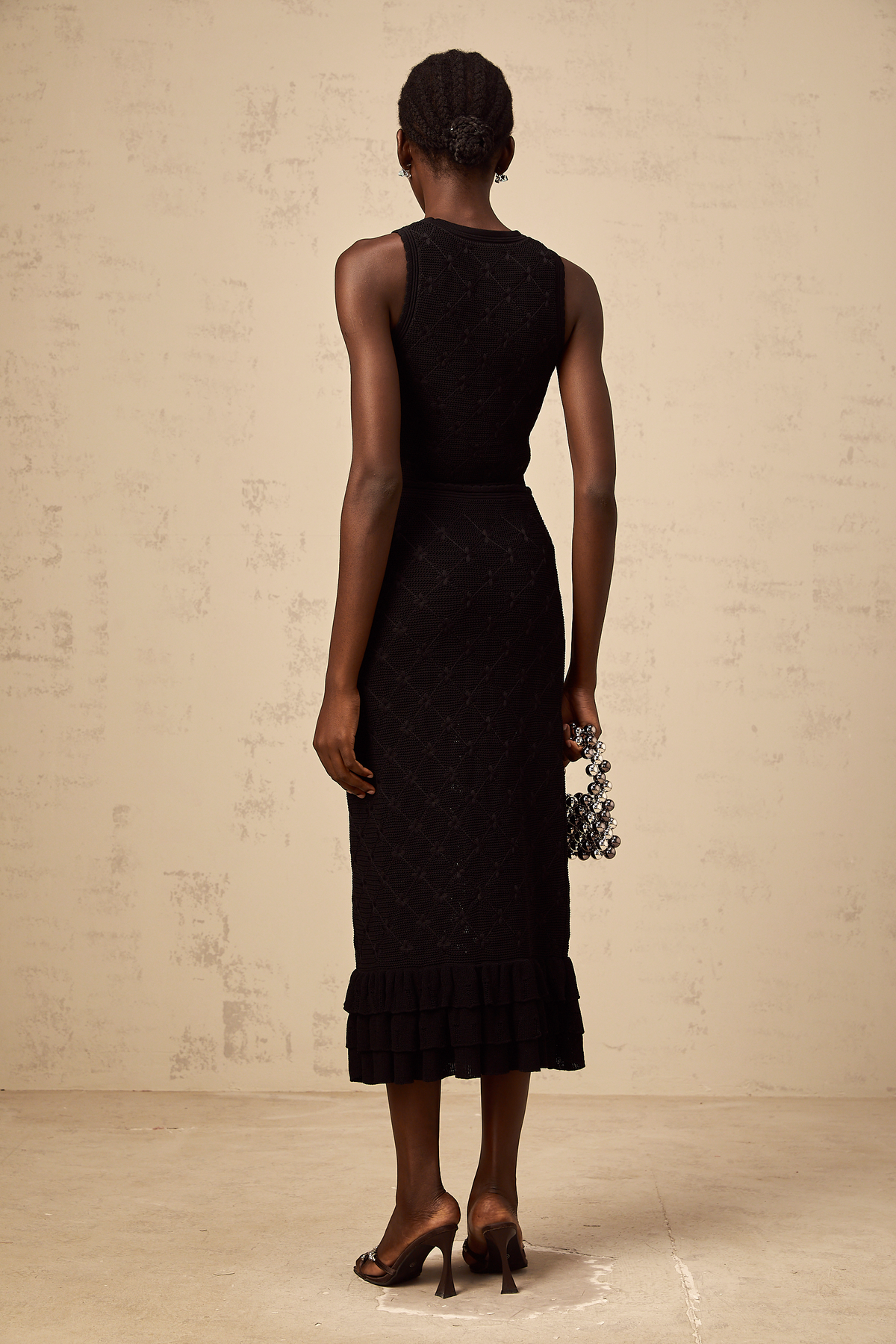Joëlle black crochet-knit top & skirt matching set