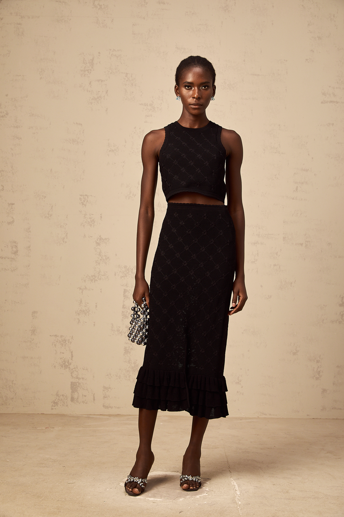 Joëlle black crochet-knit top & skirt matching set