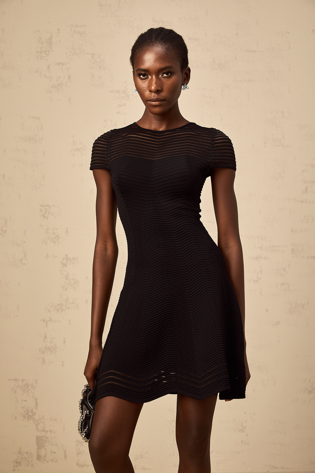 Mélisande black wavy-crochet textured mini dress