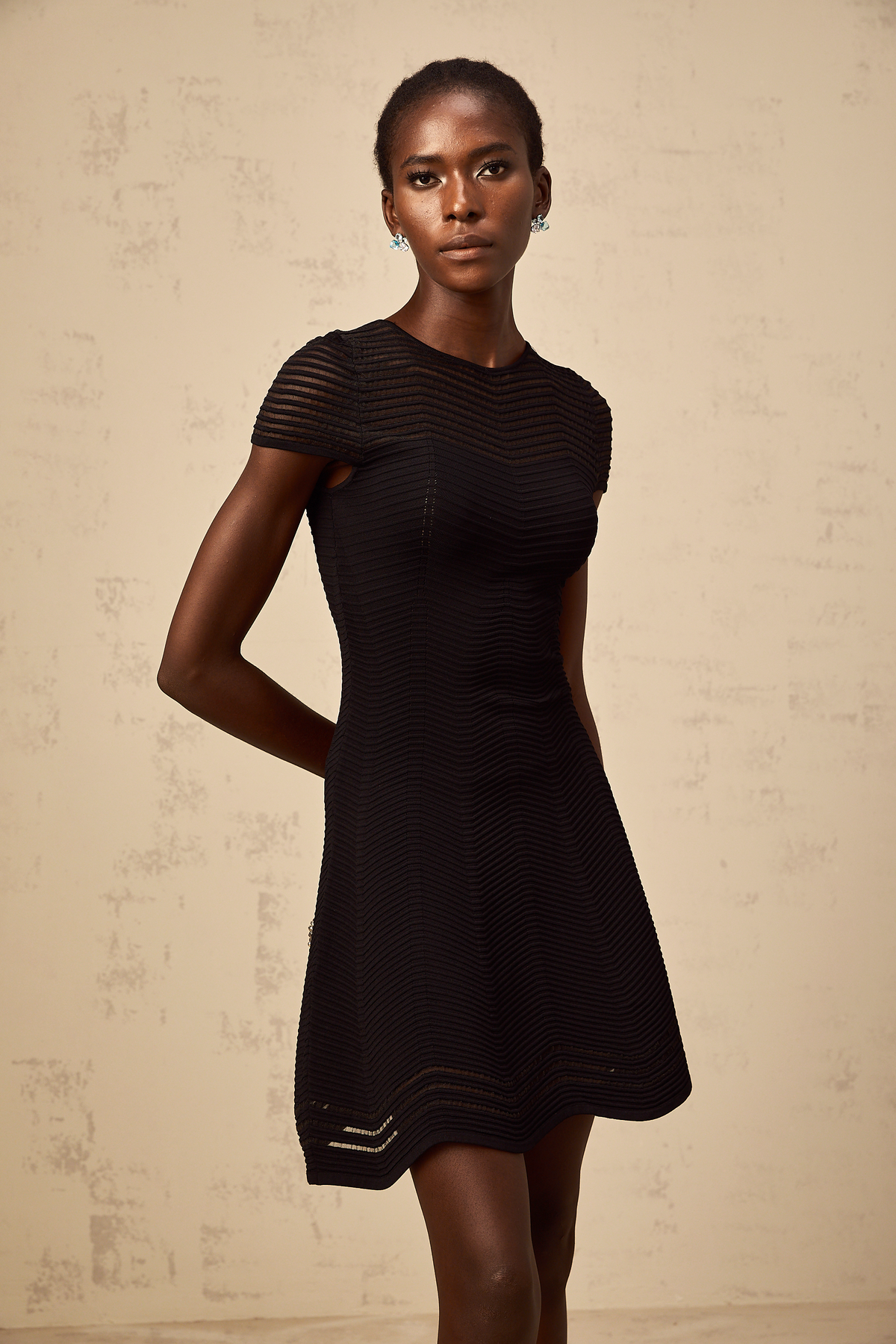 Mélisande black wavy-crochet textured mini dress