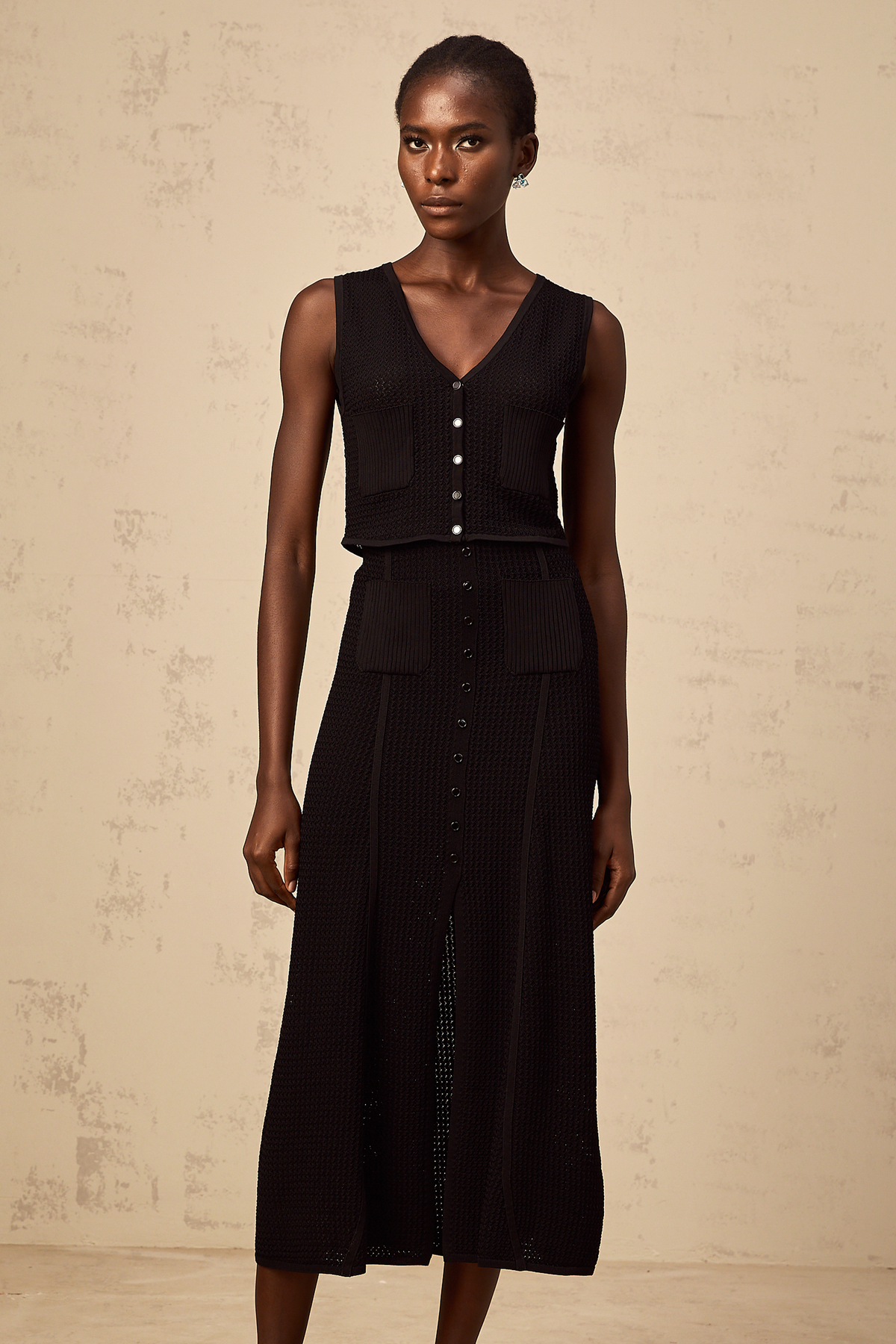 Babette black pointelle-knit top & skirt matching set
