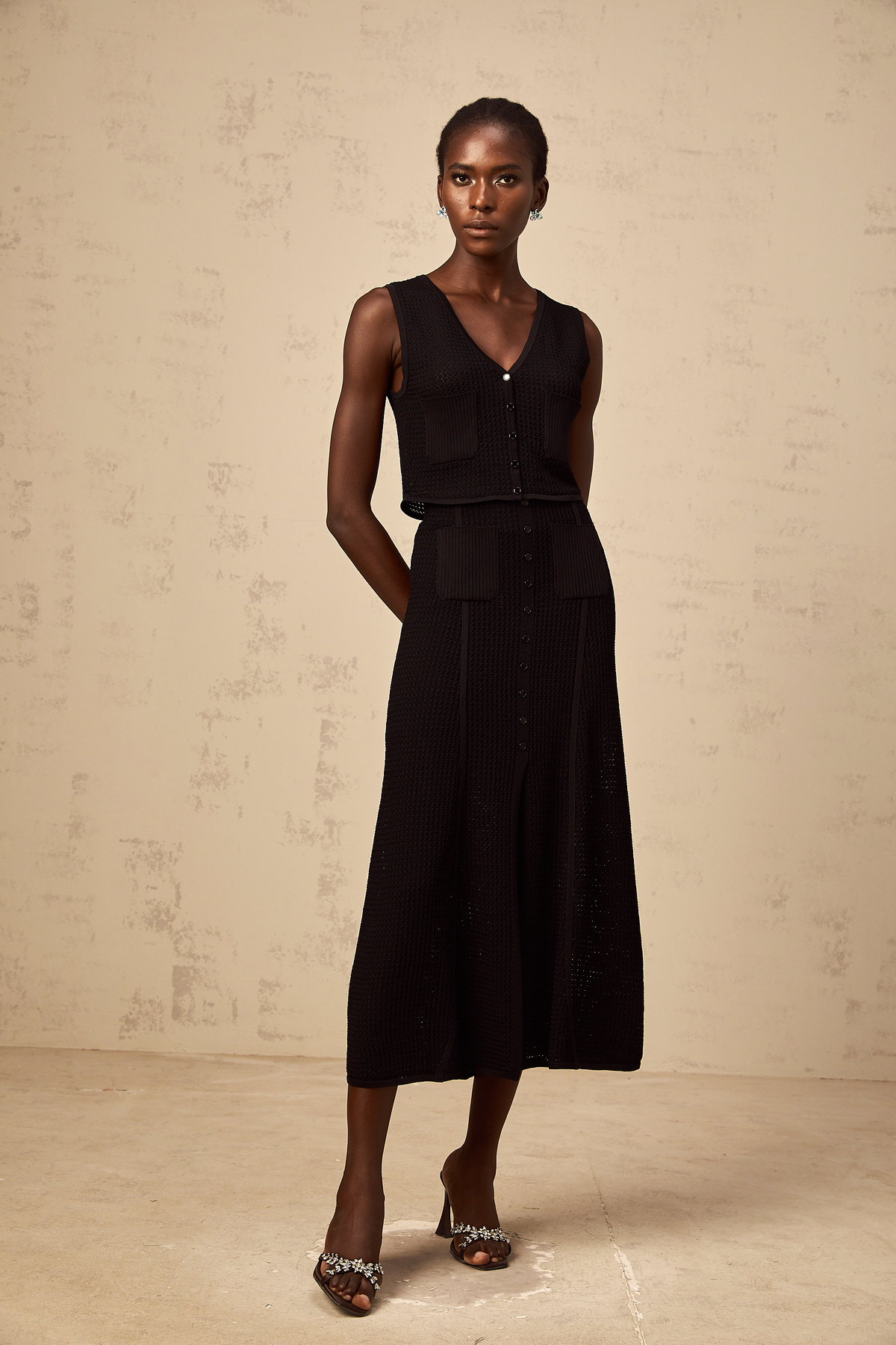 Babette black pointelle-knit top & skirt matching set
