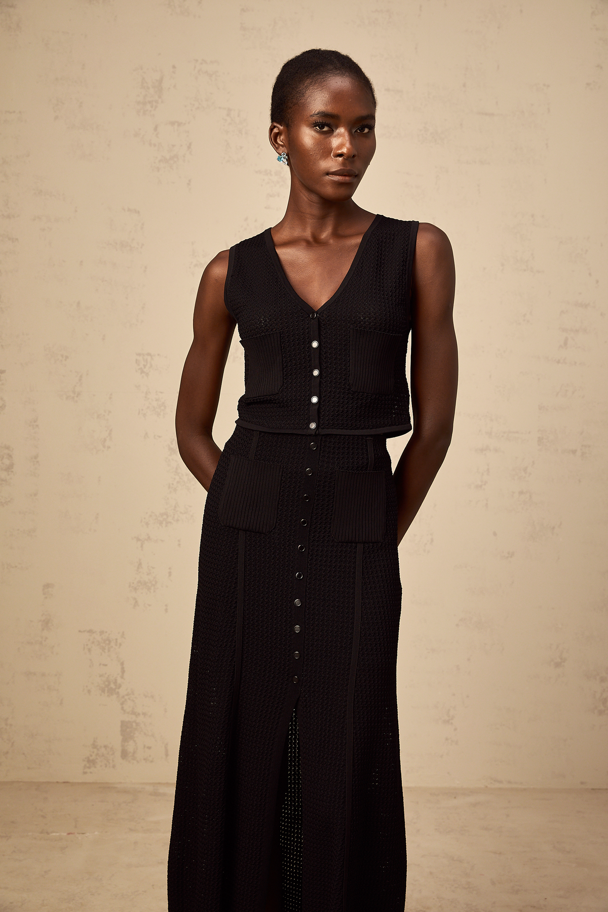 Babette black pointelle-knit top & skirt matching set