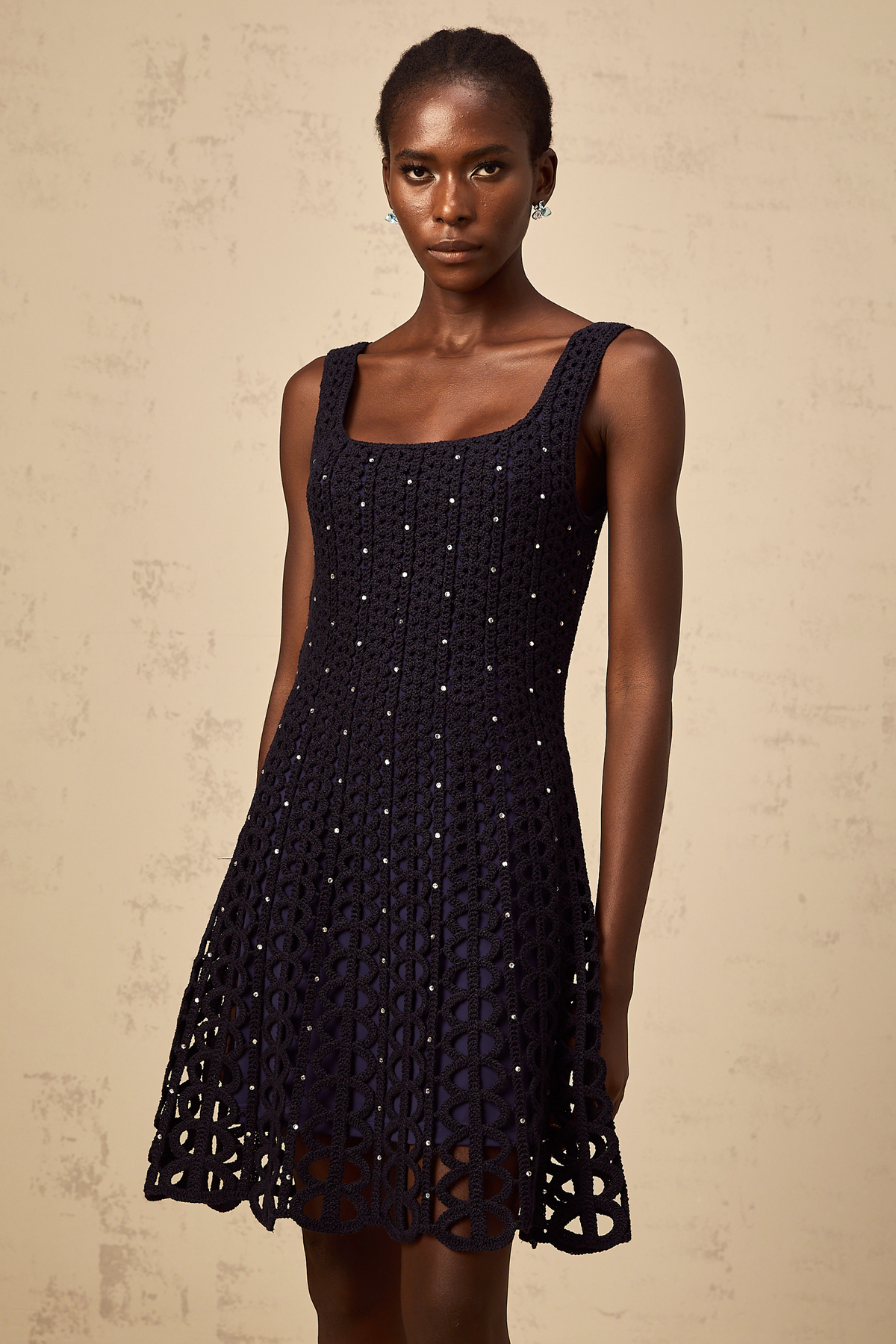 Edelie dark-blue embellished cut-out crochet-knit mini dress