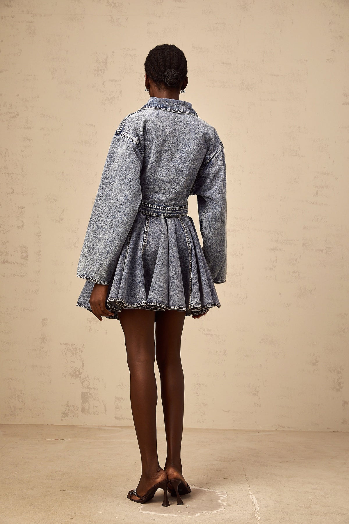 Doriane blue shirred denim mini skirt