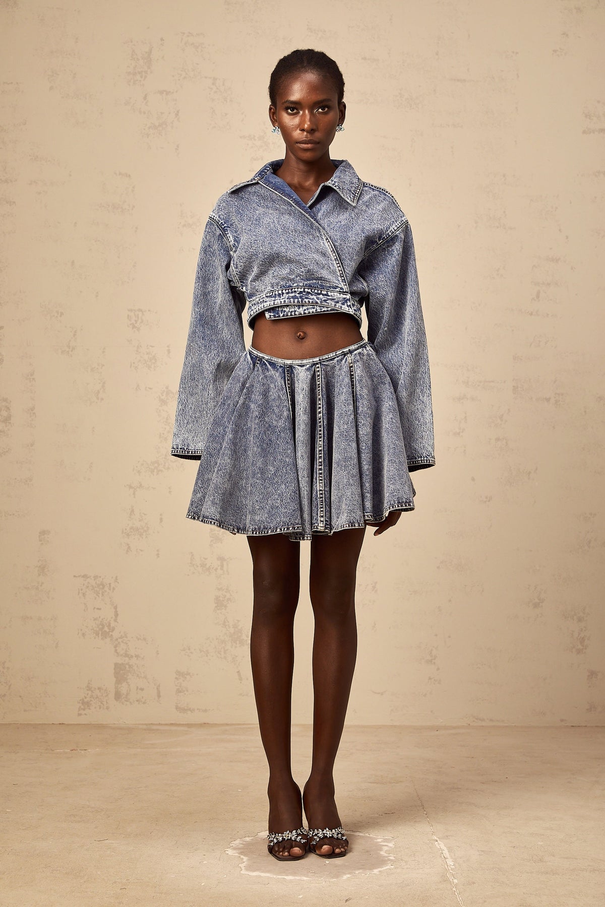Doriane blue shirred denim mini skirt