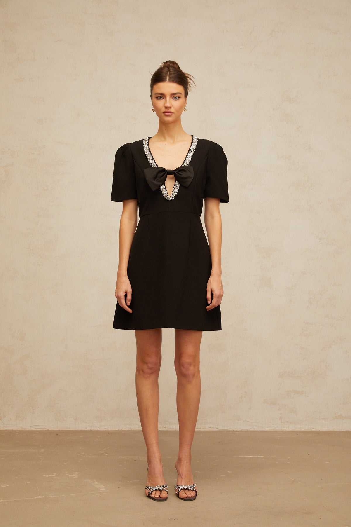Léa black bow embellished mini dress