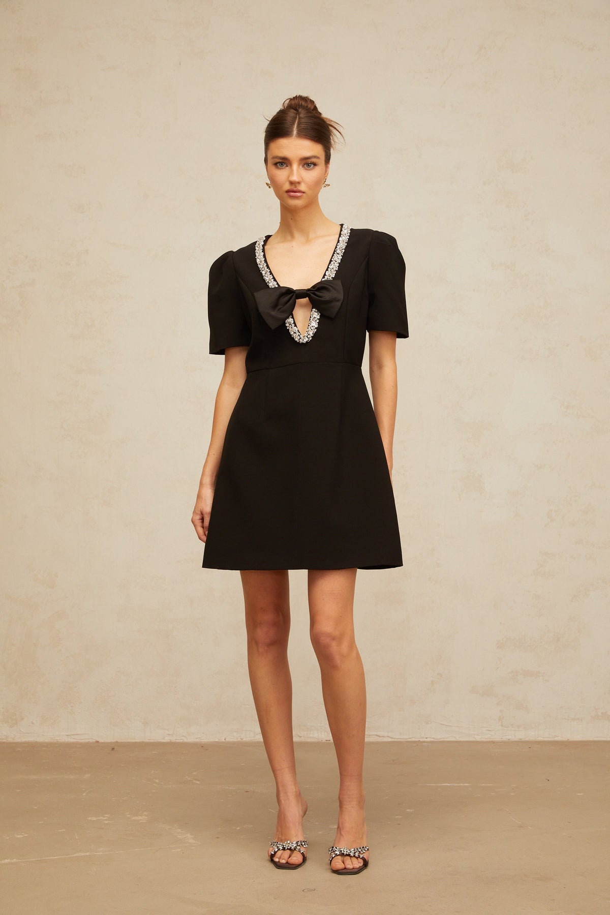 Léa black bow embellished mini dress