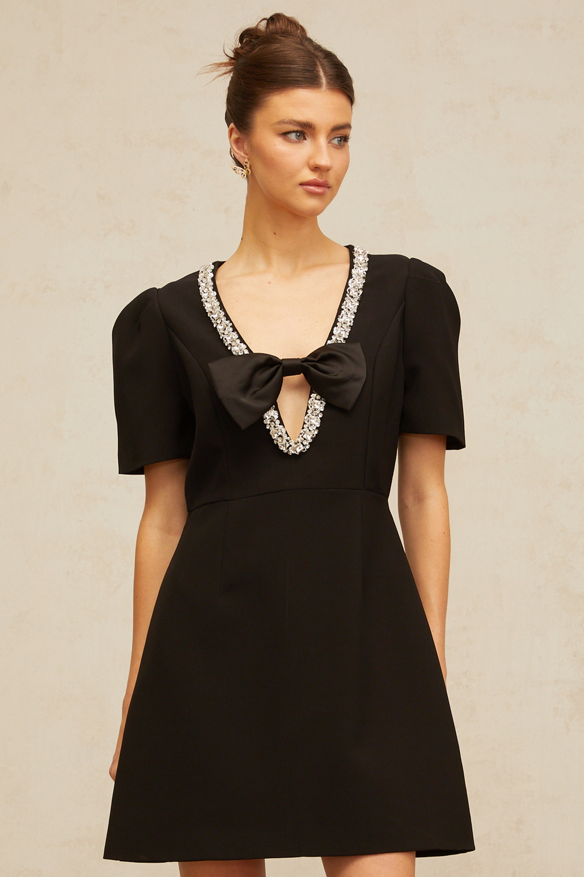 Léa black bow embellished mini dress