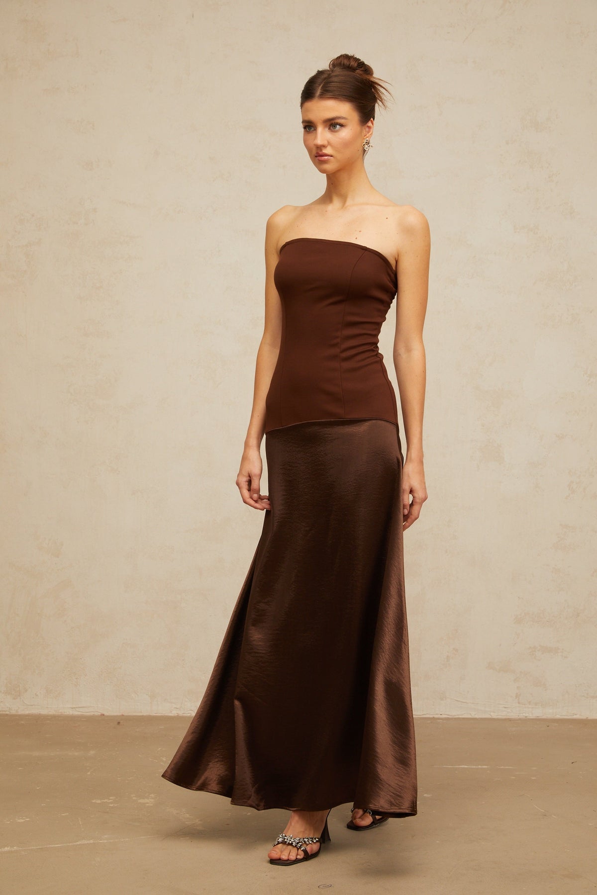 Blaise brown off-shoulder satin-panel maxi dress