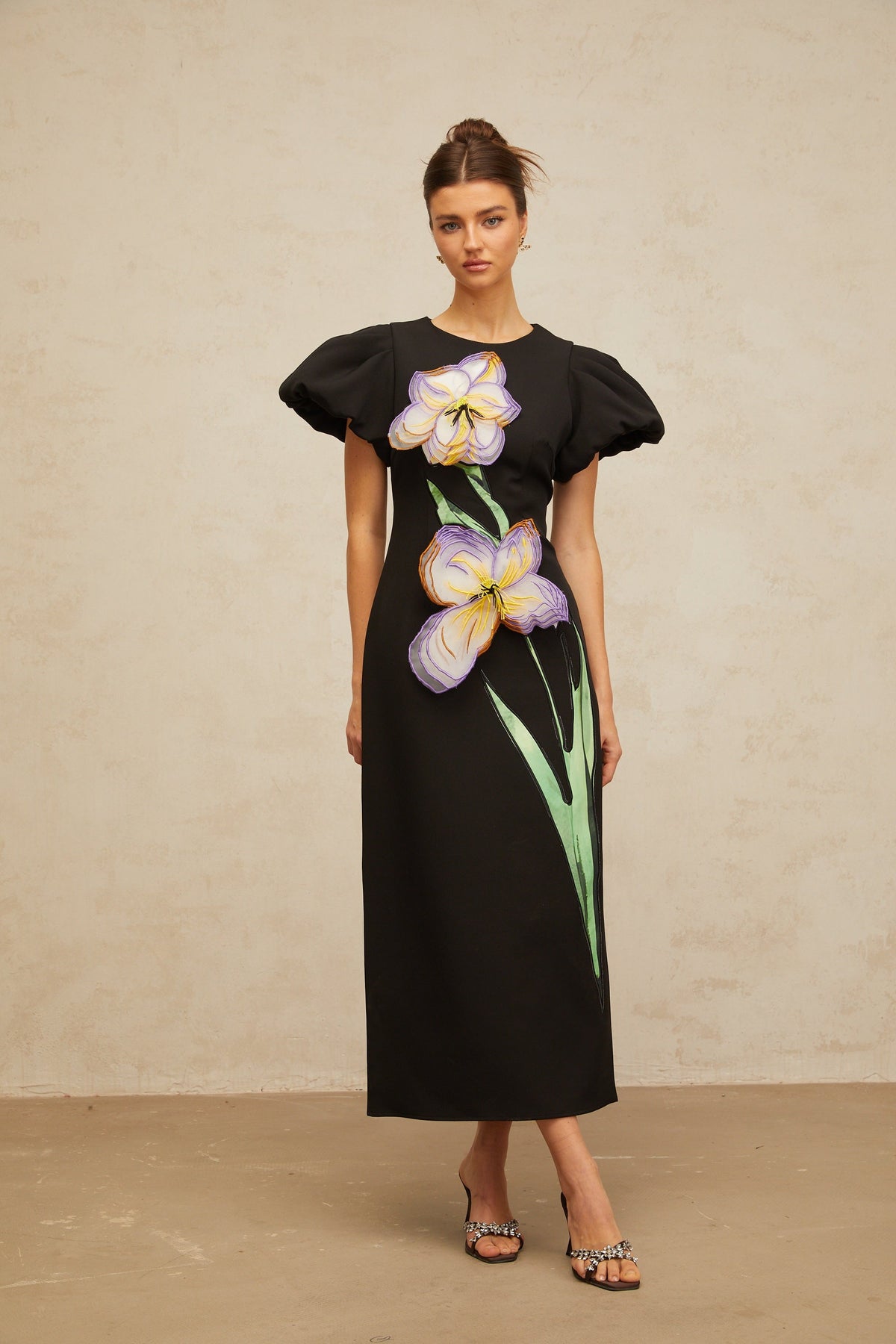 Irène black sequined floral-embroidered midi dress