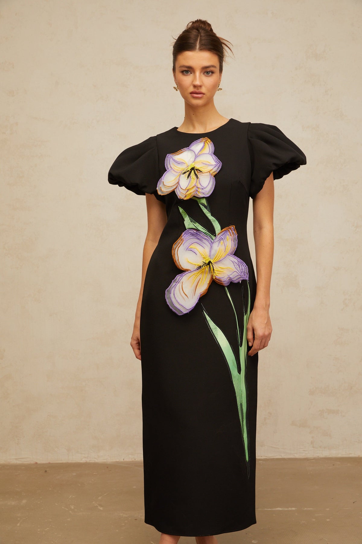 Irène sequined floral-embroidered midi dress in Black