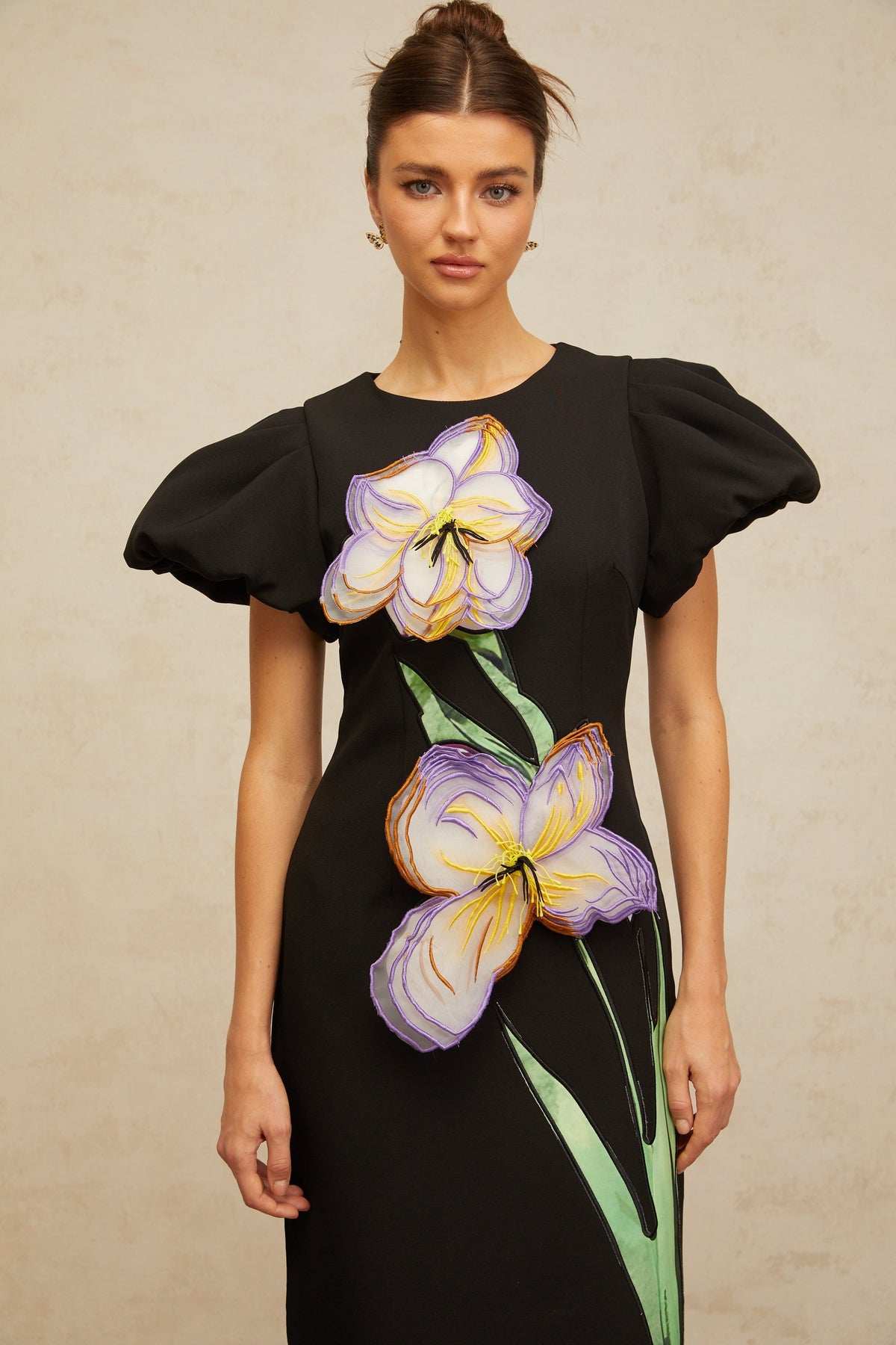 Irène black sequined floral-embroidered midi dress