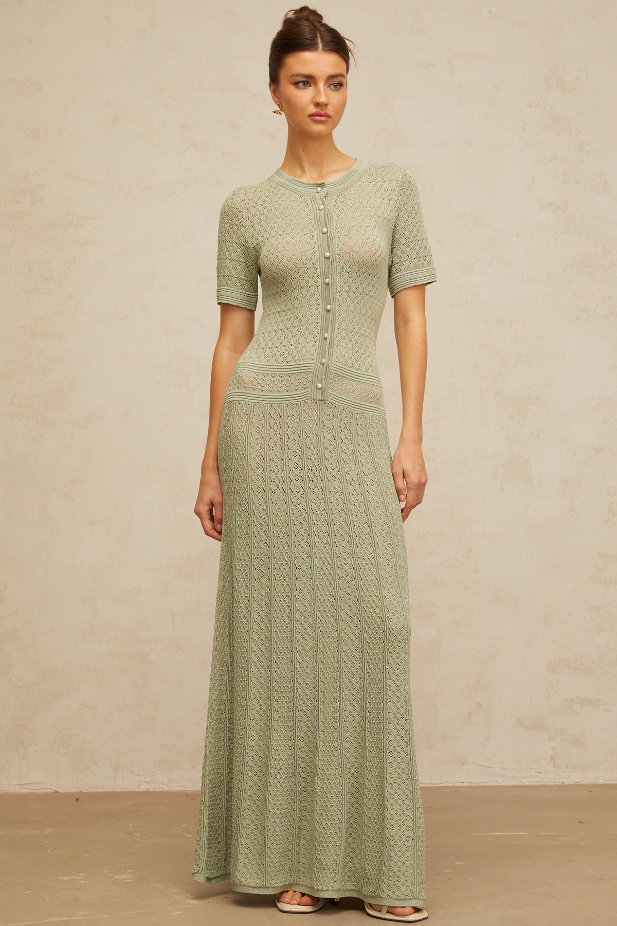 Siena green shirred crochet-knit maxi dress