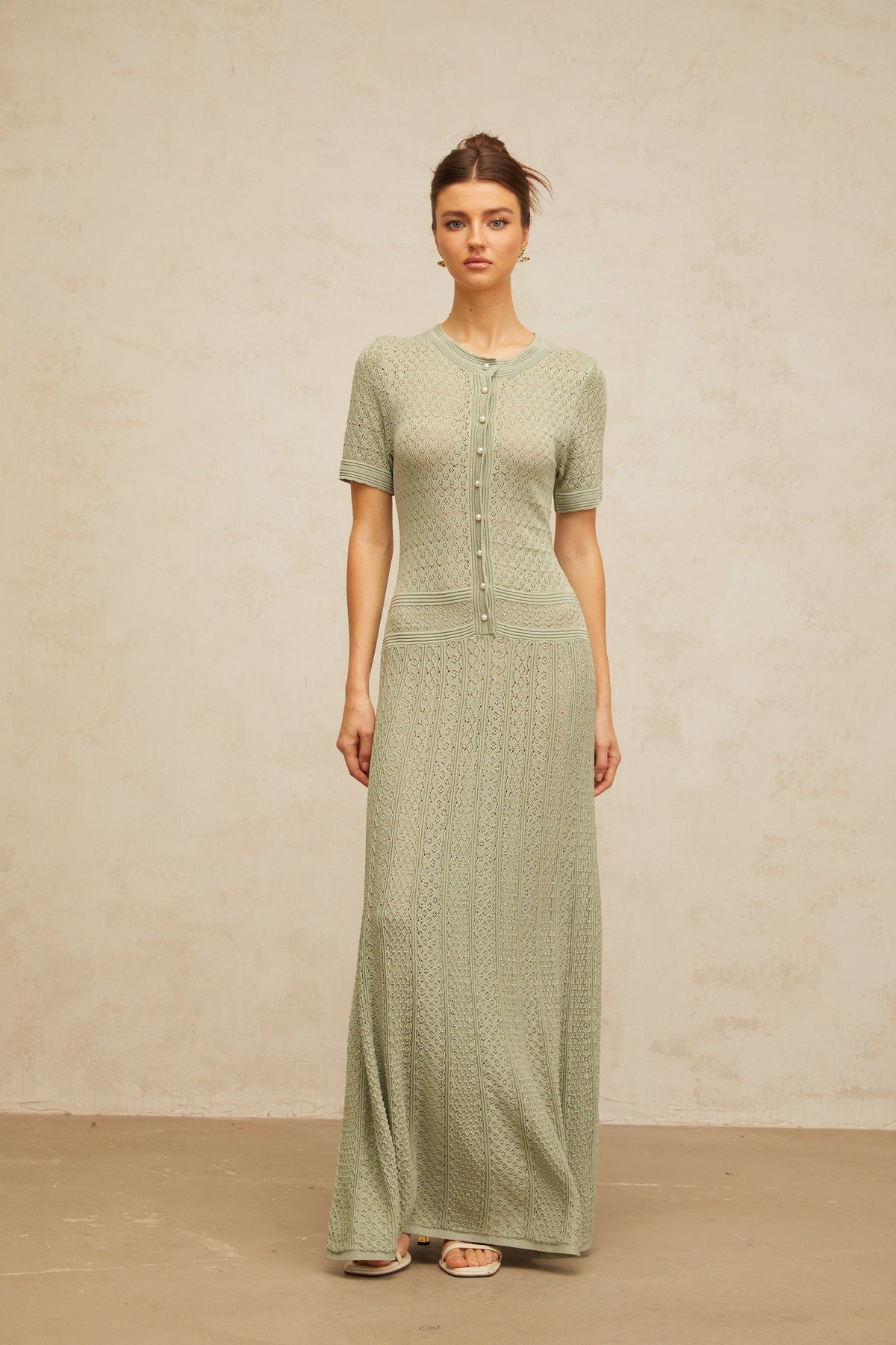 Siena green shirred crochet-knit maxi dress